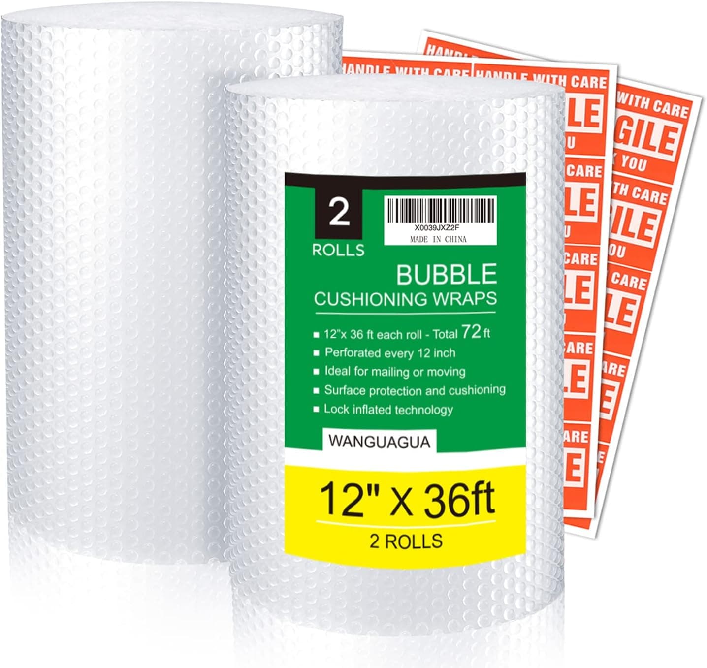 wanguagua 2 Pack 12 Inch x 72 ft Total Bubble Packing Wrap for Moving Boxes Shipping Cushioning Supplies Perforated Every 12” 12in. x 36ft. / 2 Rolls Clear - Image 7