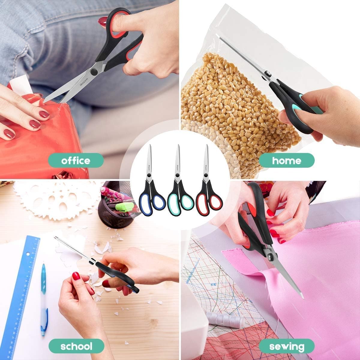 iBayam 3-Pack 8" Heavy Duty Scissors with Ultra Sharp Blades and Comfort Grip Handles - For Office, Home, School, Sewing, and Crafts Red, Green, Blue 3-Pack - Image 6