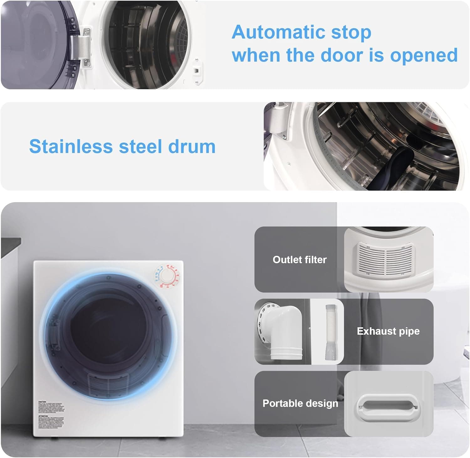 Elevon 800W Portable Clothes Dryer, 2.6 cu.ft Electric Drying Machine for Laundry with Stainless Steel Tub for Apartment, Rvs, Compact Dryer for Small Space, White 2.6 Cubic Feet, White - Image 5