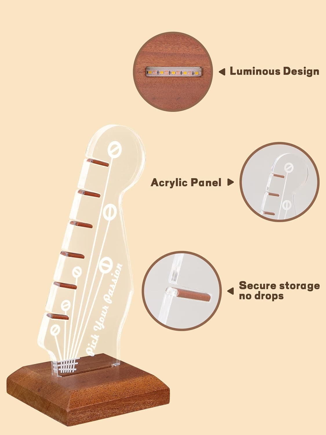 Light Up Guitar Pick Holder, Electric Guitar Headstock Shaped Acrylic & Wooden USB Powered Display Case - Guitar Accessories Gift for Players/Men (Picks Storage Organizer) - Image 5
