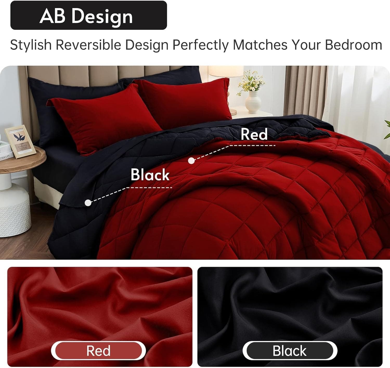 MUXHOMO 7 Pieces Queen Comforter Set, Reversible Bed in a Bag Queen Size, All Season Bedding Set with Comforter, Flat Sheet, Fitted Sheet, Pillowcases & Shams, Red & Black Queen (88"x88") 01 - Red/Black - Image 4