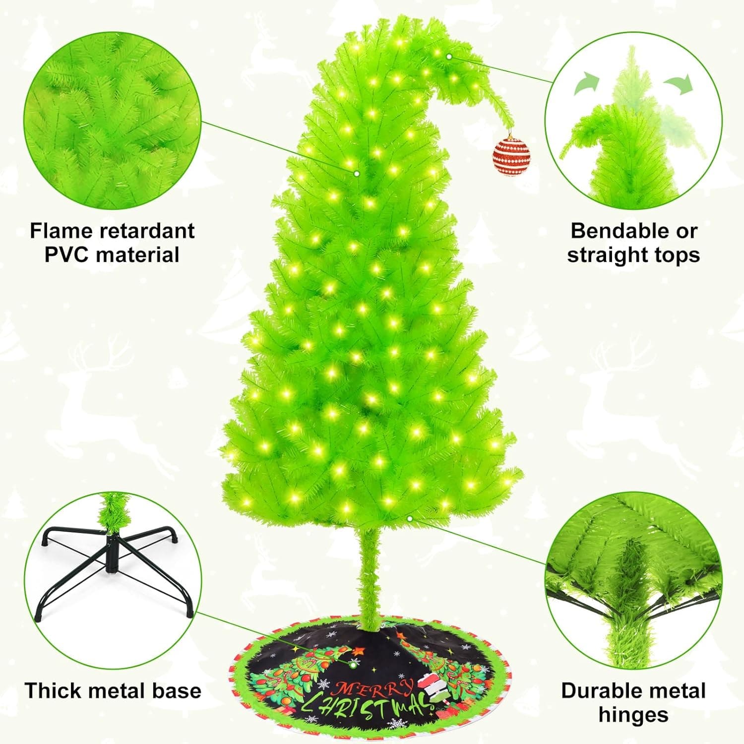 6 FT Grinchie​ Christmas Tree, Top Curved 6ft Upright 7ft Lime Green Xmas Tree with Tree Skirt, Easy Setup Whimsical Artificial Christmas Tree for Christmas Decorations - Image 7