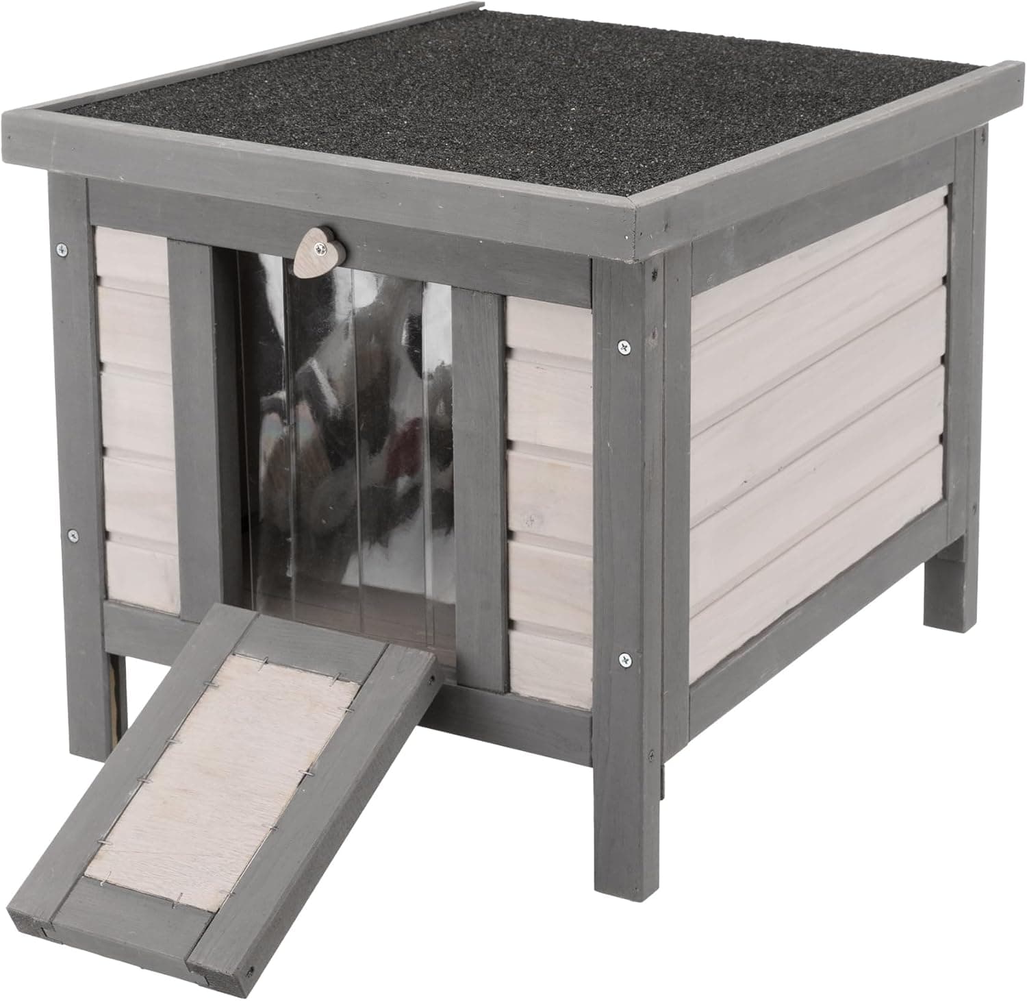 TRIXIE Insulated Outdoor Cat House, Weatherproof Cat Home with Raised Floor, Hinged Asphalt Roof & Covered Opening, Small Outdoor Shelter for Cats and Small Animal, Gray Pine Wood - Image 2