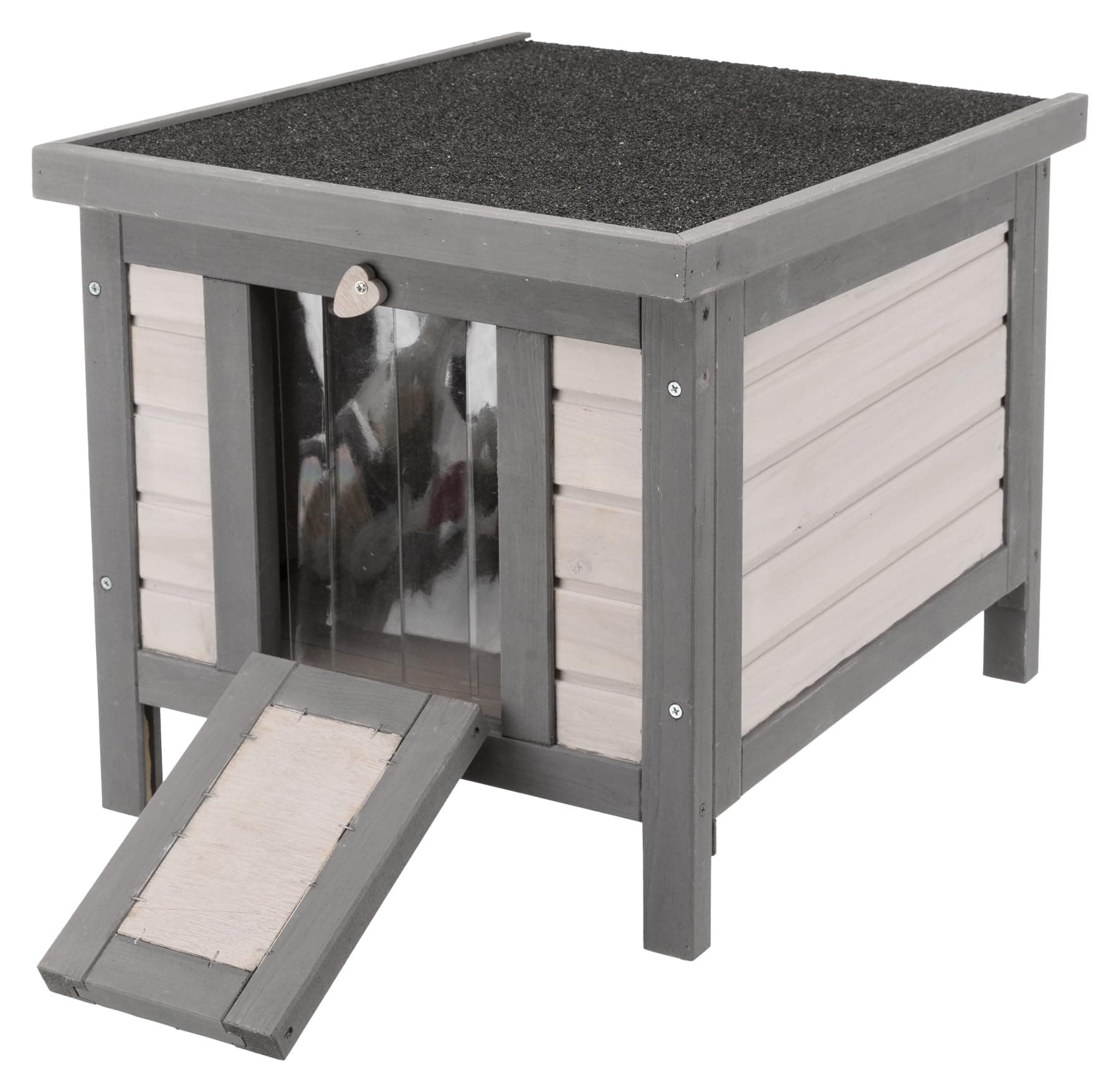 TRIXIE Insulated Outdoor Cat House, Weatherproof Cat Home with Raised Floor, Hinged Asphalt Roof & Covered Opening, Small Outdoor Shelter for Cats and Small Animal, Gray Pine Wood