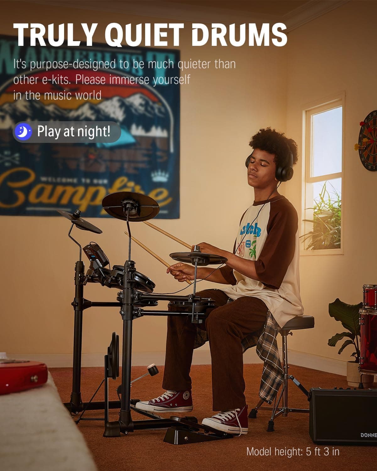 Donner DED-80 Electronic Drum Set with 4 Quiet Mesh Pads, 180+ Sounds, 2 Pedals, Throne, Headphones, Sticks, and Melodics Lessons Black - Image 3