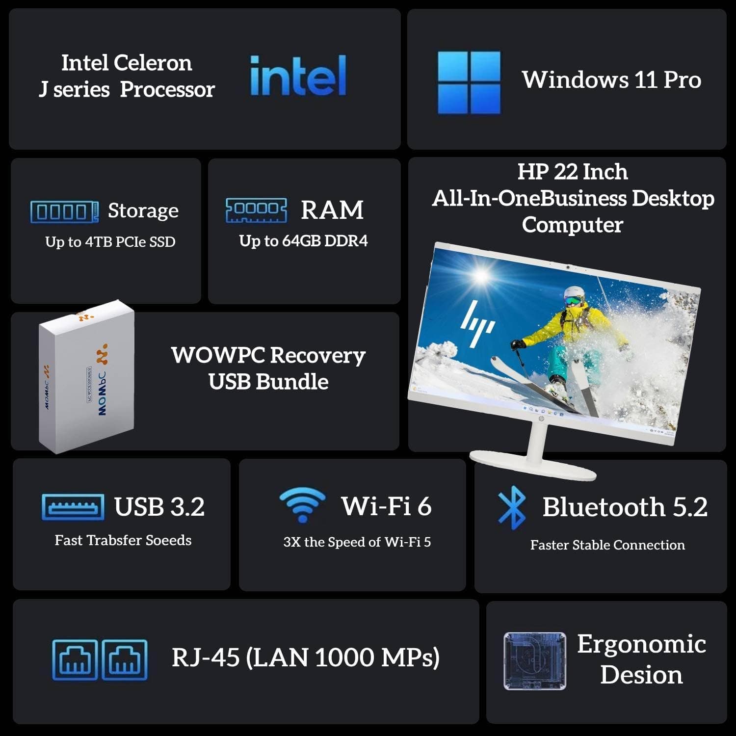 HP 2025 New 22 Inch All-in-One Desktop Computer • 12GB RAM • 256GB PCIe SSD • Intel CPU • Ultra-Quiet Design • Microsoft Office Trial • Wi-Fi 6 • White KB & Mouse • WOWPC Recovery USB • Windows 11 12GB RAM | 256GB SSD - Image 3