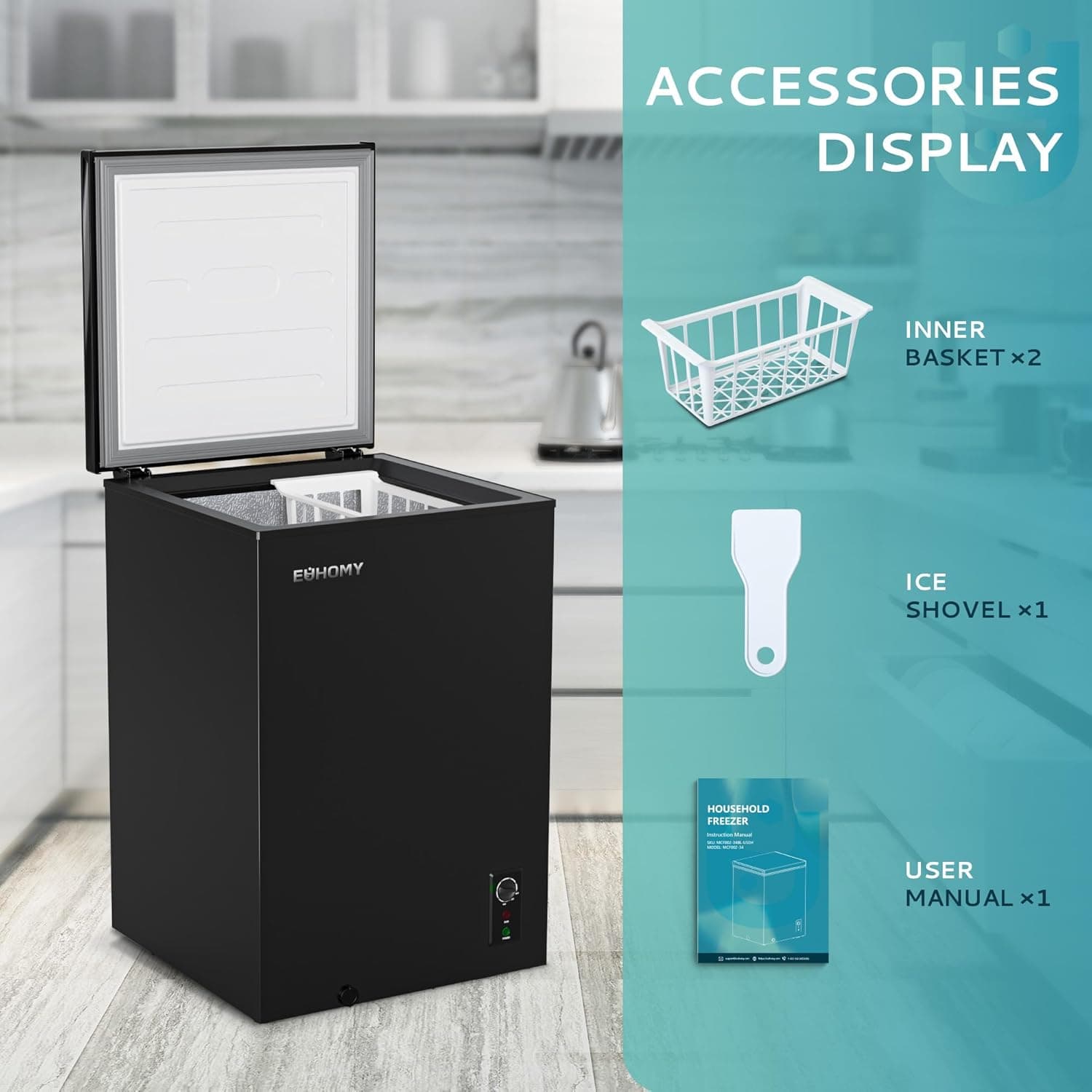 EUHOMY 3.5 Cu.Ft Chest Freezer with Wheels, Small Deep Freezer Adjustable 7 Thermostat, Quiet Mini Freezer Free-Standing Top Door, Energy Saving for Apartment/Garage/Basement/Dorm/Home, New Black 3.5 CU.FT (With Wheels) - Image 8