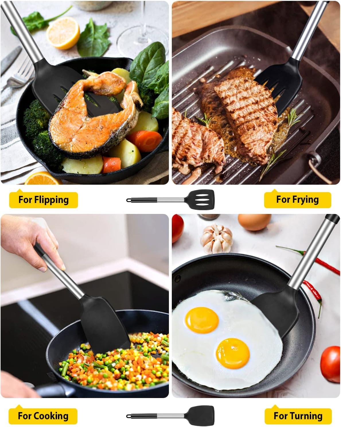 Pack de 2 Spatules en Silicone Solides, Spatules de Cuisine Antiadhésives avec Fentes, Ustensiles de Cuisine Résistants à Haute Température et Sans BPA, Idéal pour Cuire du Poisson, des Œufs, des Crêpes (Noir) - Image 4