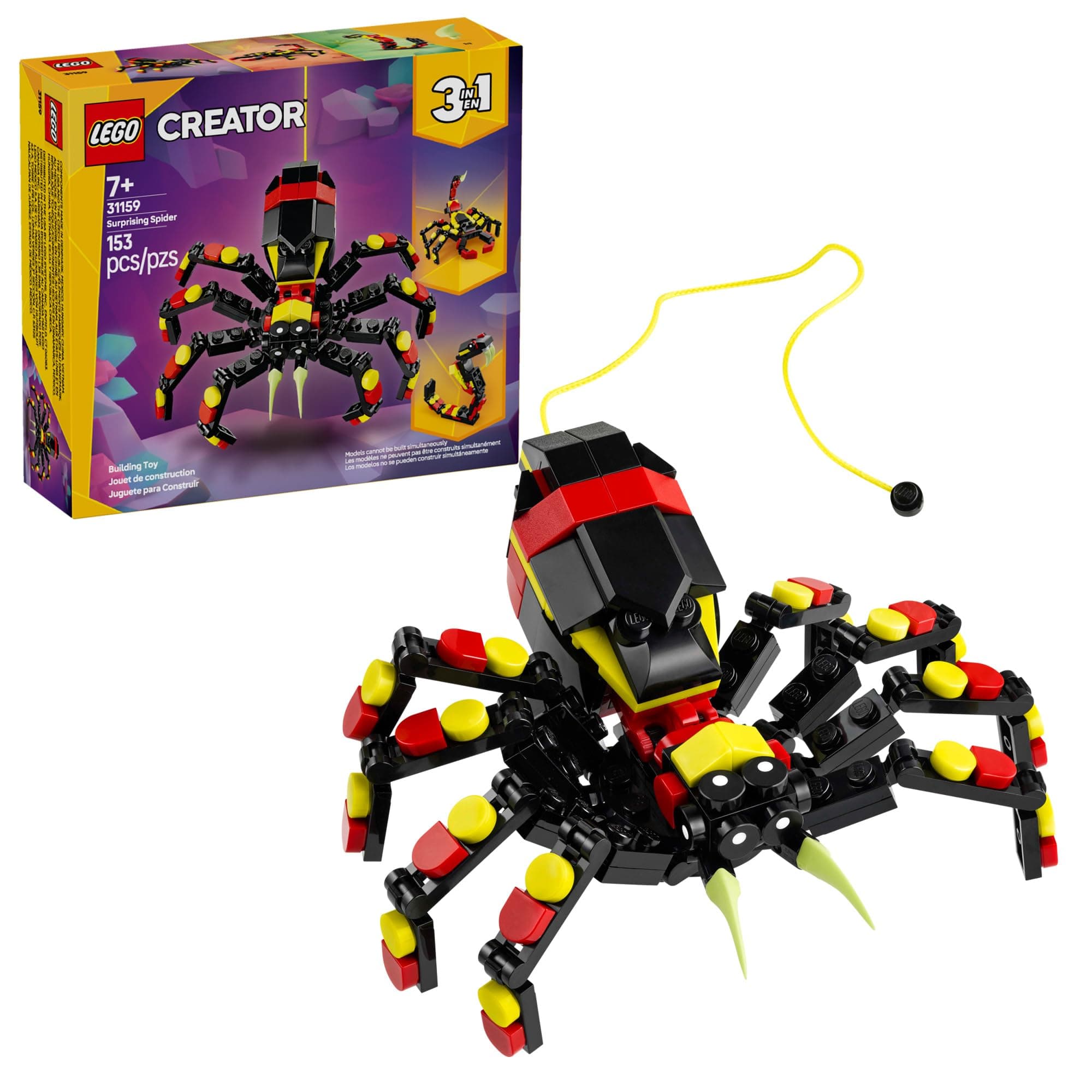 LEGO Creator 3 en 1 Animales Salvajes Juguete Sorprendente Araña - Juguete de Construcción con 3 Opciones de Construcción, Araña, Escorpión o Serpiente - Figuras de Animales para Niños, Niños y Niñas, Edades 7+ - Idea de Regalo para Cumpleaños - 31159