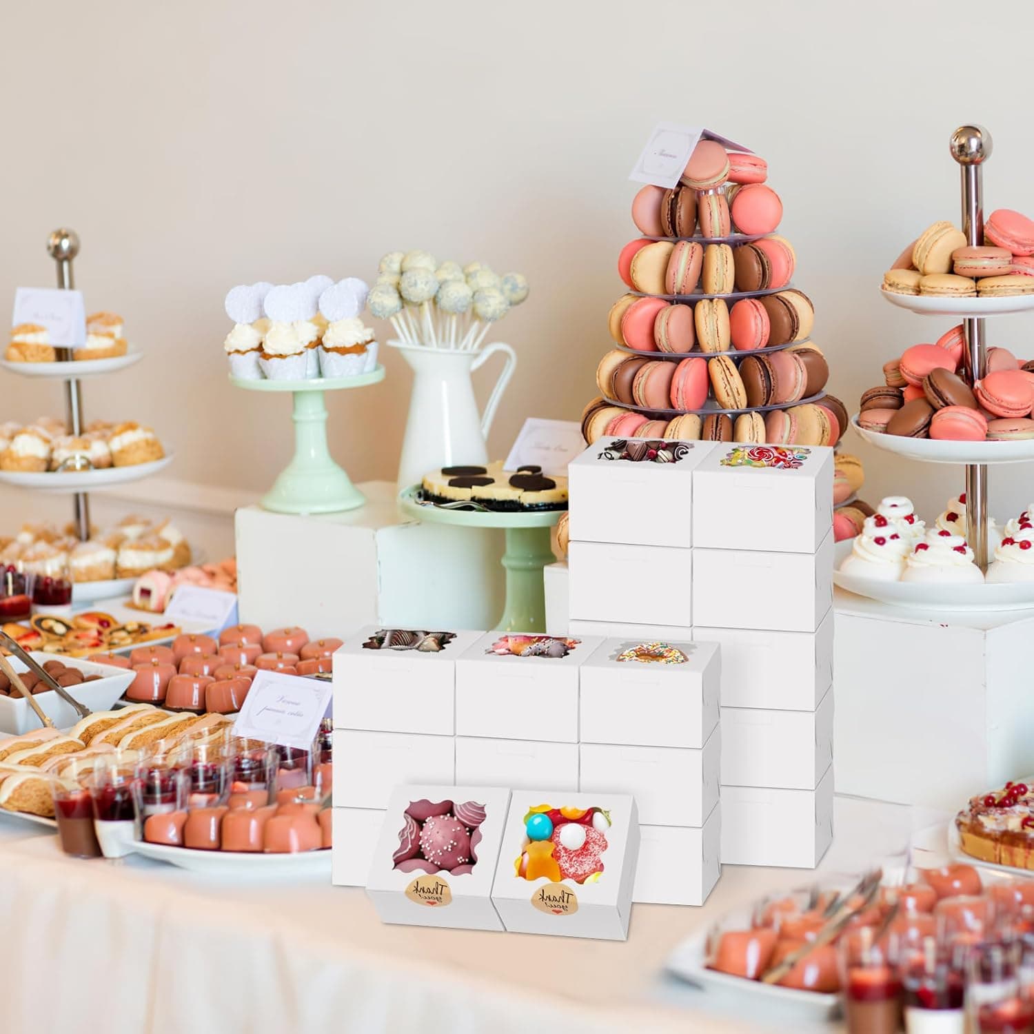 WINKIO 24pcs White Cookie Boxes, 4x4x2.5 Inches Bakery Boxes with Window, for Mini Cake Treat Dessert Pastry Donuts Macaroon Strawberries Chocolate Candy (with Stickers) white 4x4x2.5 inches 24 - Image 8