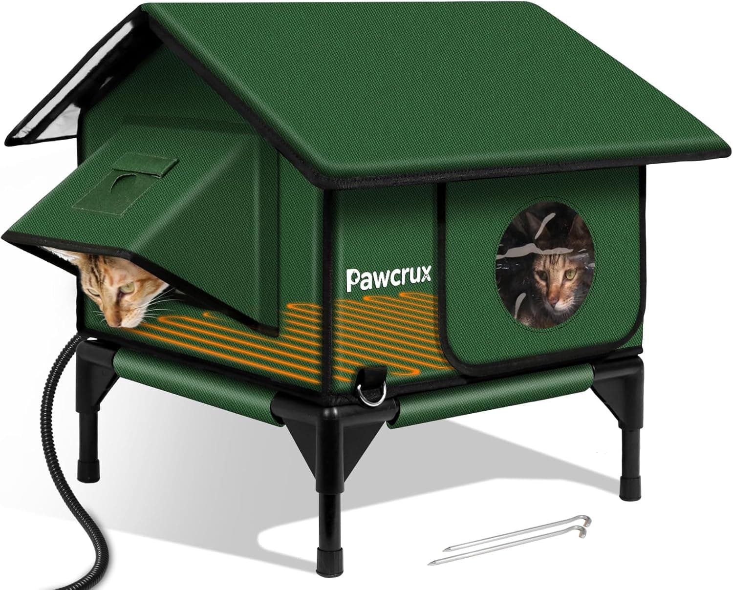 100% Waterproof Heated Cat House for Outdoor Cat with Safe Escape Door, Cat Bed Weatherproof Cat Shelter Kitty with Cat Heating Pad, Insulated Warm House for Feral Cat(Green, 16"x16"x19.3") Green S - Image 2