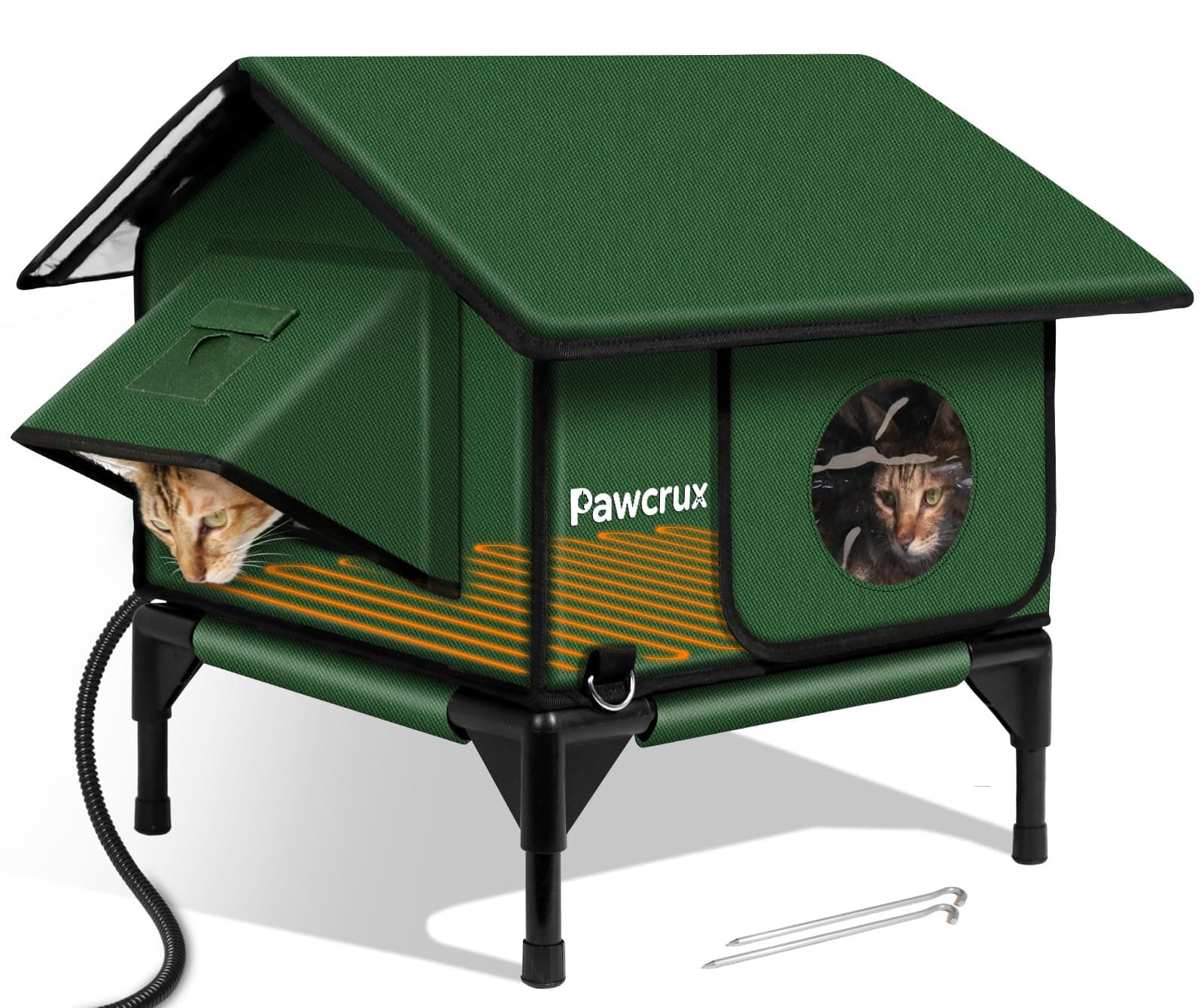 100% Waterproof Heated Cat House for Outdoor Cat with Safe Escape Door, Cat Bed Weatherproof Cat Shelter Kitty with Cat Heating Pad, Insulated Warm House for Feral Cat(Green, 16"x16"x19.3") Green S