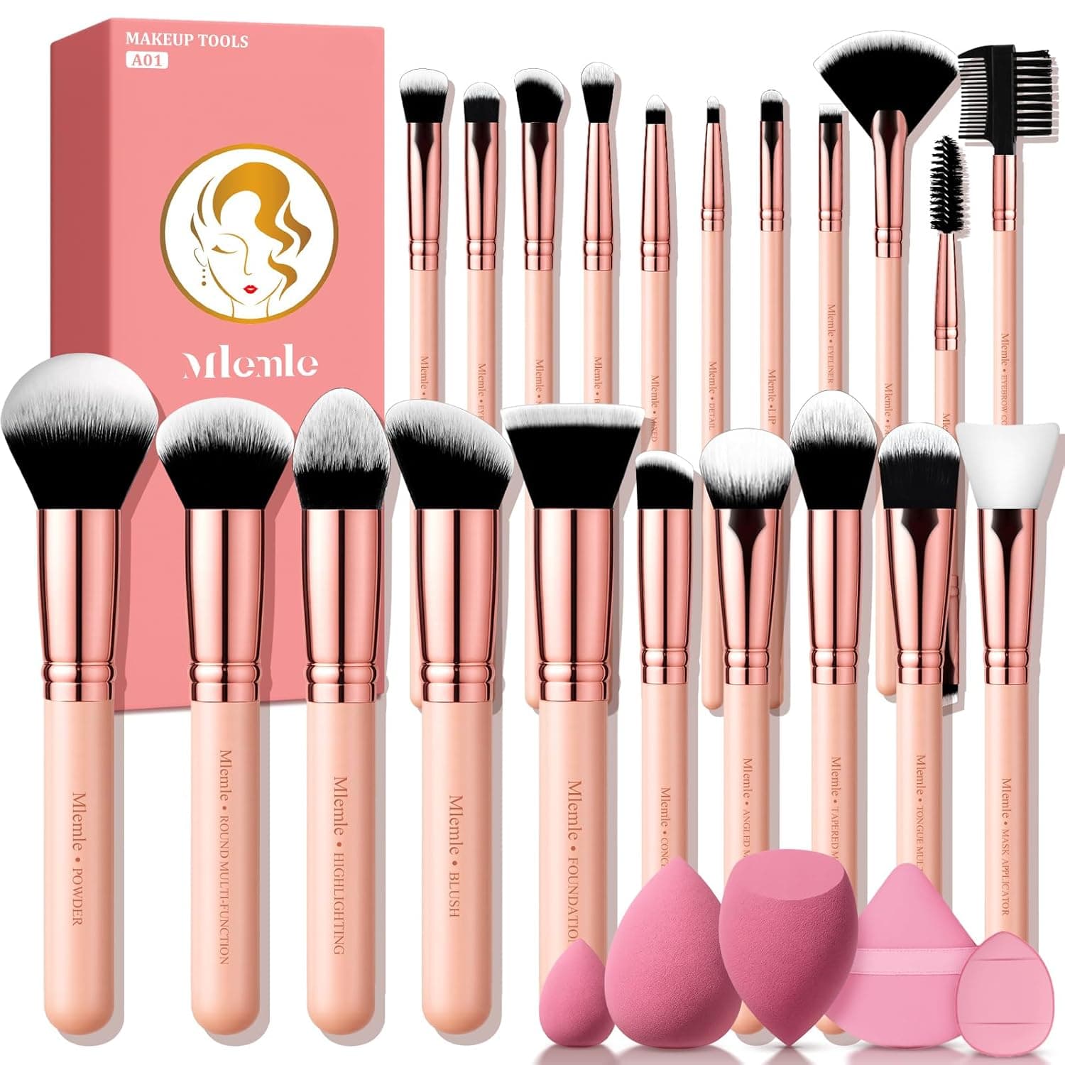 Makeup Brushes Set, Mlemle Professional 26 Pcs Makeup Kit, Include Powder Foundation Concealers Blush Eye shadows 21 Pcs Makeup Brushes and 2 Powder Puff, 3 Makeup Sponge(A01-Pink) - Image 2