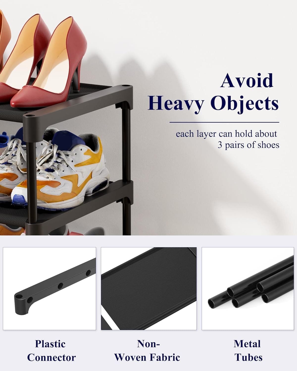 Kitsure Shoe Rack - Non-Woven Shoe Rack Shelf, Shoe Organizer for Closet, Entryway, Garage & Corridor, Stackable Shoe Shelves, 27.5" Wide - 3 Tier, Black Black 27.5" Wide - 3 Tier - Image 6