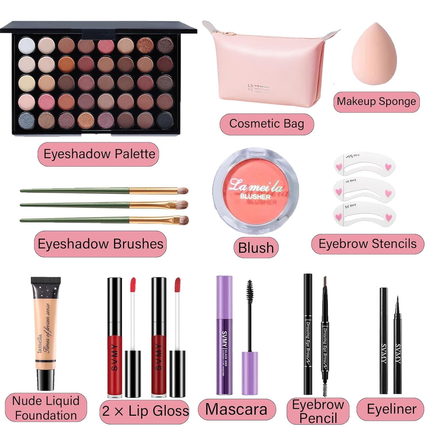 Makeup Set for Women, Makeup Full Kit for Beginners & Professionals, Travel Makeup Set for Teens & Adults, Makeup Gift Set for Girls, Eyeshadow Palette, Lip Gloss, Face & Eye Make up 40 Earth Colors Eyeshadow + 2×Lip Gloss + Blush + Mascara + Pink Cosmetic Bag - Image 3