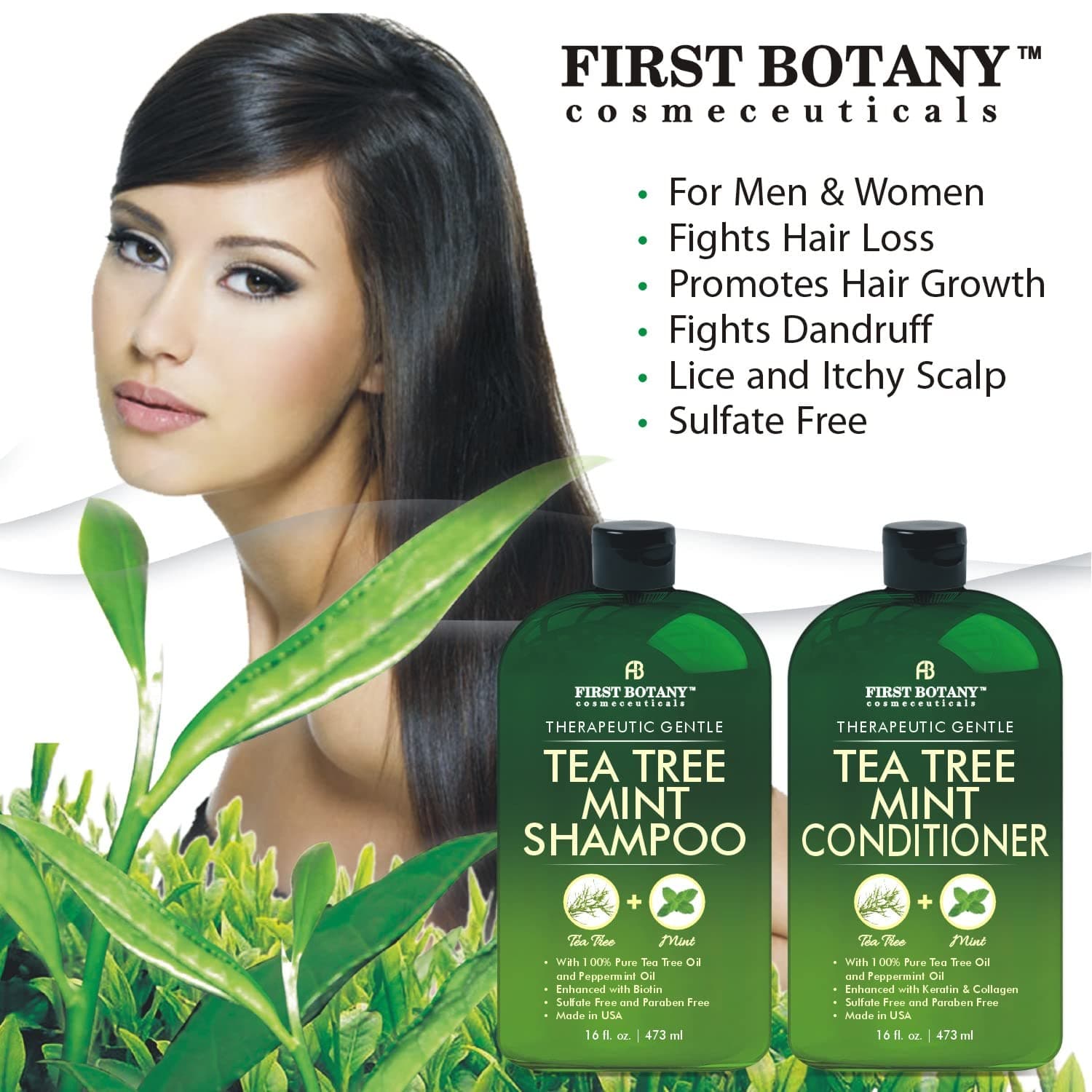 First Botany Tea Tree Mint Shampoo & Conditioner for Men & Women - Pure Tea Tree & Peppermint Oil - Fights Hair Loss, Dandruff, Lice & Itchy Scalp, Promotes Hair Growth - Sulfate Free - 16 Fl Oz x 2 - Image 3