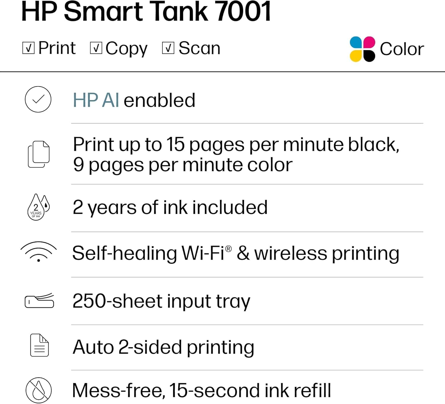 HP Smart Tank 7001 Wireless All-in-One Ink Tank Printer, Scanner, Copier with 2 Years of Ink Included, Best-for-Home Office, Cartridge-Free Refillable, AI-Enabled (28B49A) - Image 6