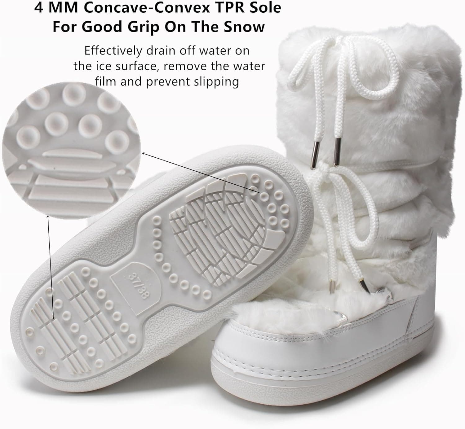 Faux Fur Boots for Women - Fuzzy Fluffy Furry Water Resistant Snow Boots for Women - Anti-Slip with Cotton Sponge Lined and TPR Rubber Sole Black White Fur Boots 8-9 White - Image 7