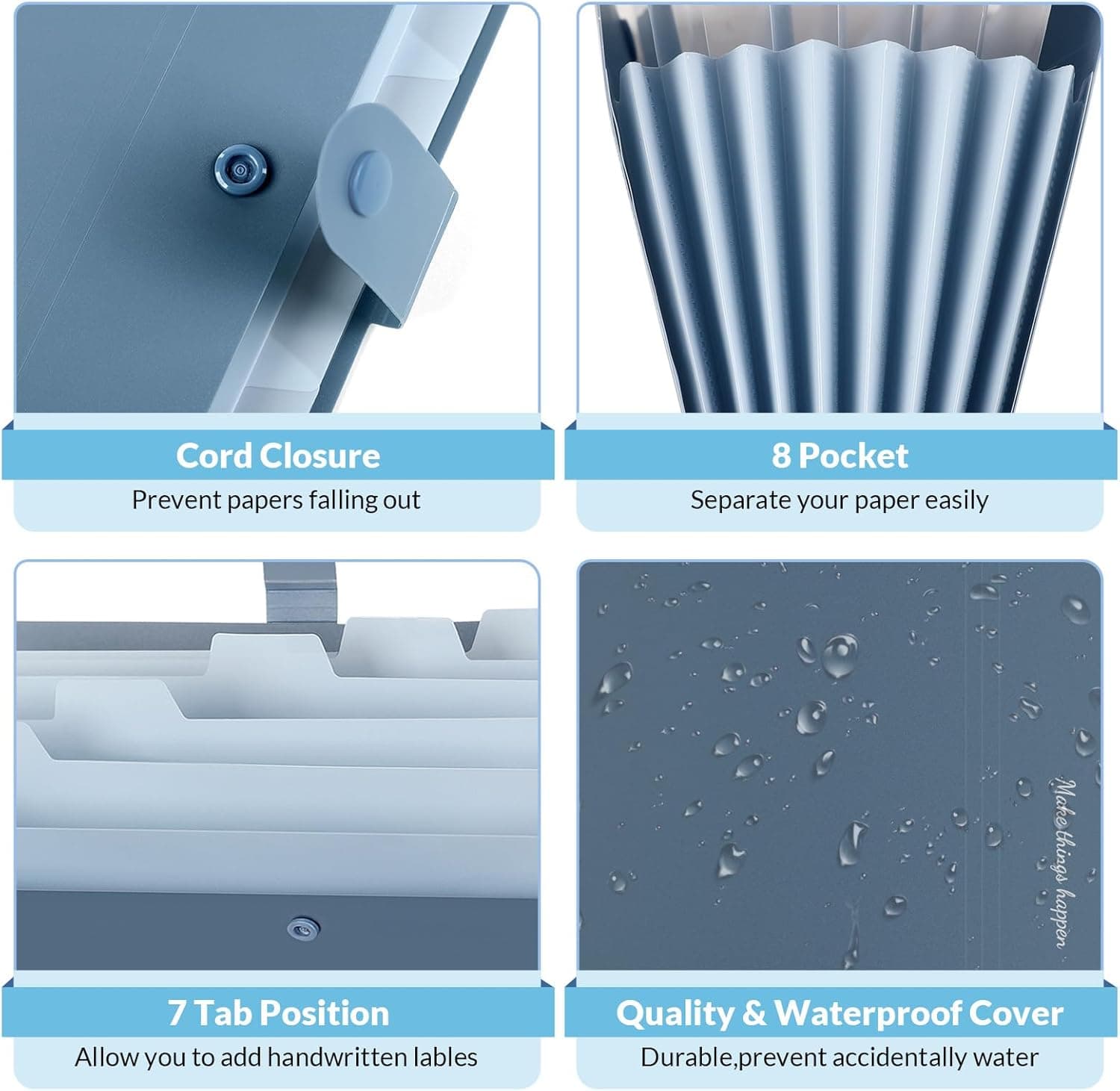 SKYDUE Expanding File Organizer with 8 Pockets, Accordion File Folders with Labels, Portable Document Paper Bill Receipt Organizer, Home College School Office Supplies, Letter Size, Blue Haze Blue - Image 3