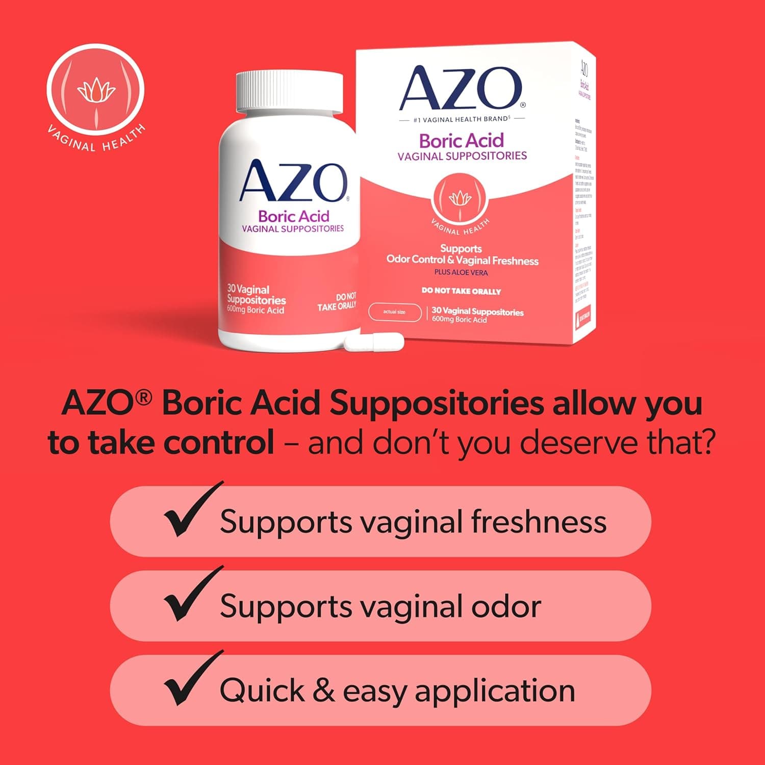 AZO® Boric Acid Vaginal Suppositories, Helps Support Odor Control and Intimate Health with Clinically Studied Boric Acid, Non-GMO, 30 Count 30 Count (Pack of 1) 1 Month Supply - Image 4