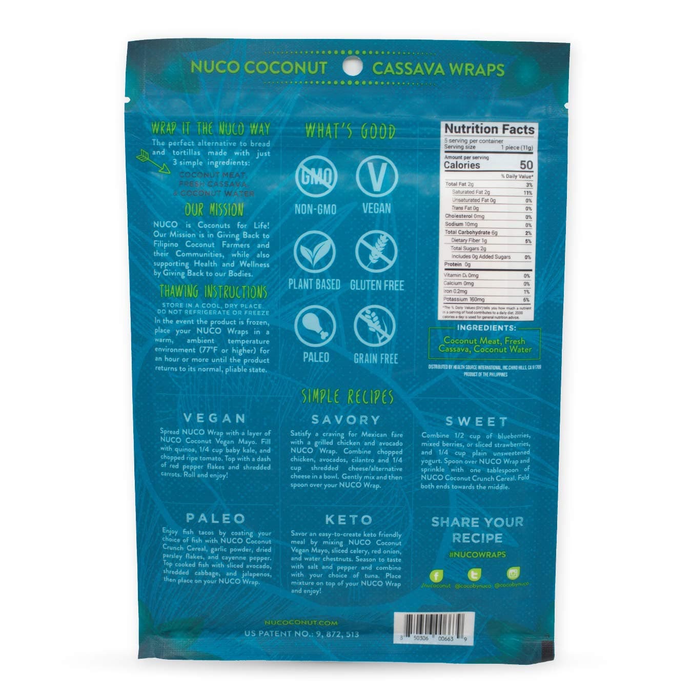 All Natural, SHELF STABLE, Paleo, Gluten Free, Vegan Non-GMO, Raw Veggie NUCO Coconut Cassava Wraps. Crafted with Fresh Cassava, Milder Coconut flavor, Low Carb and Yeast Free 5 Count - Image 3