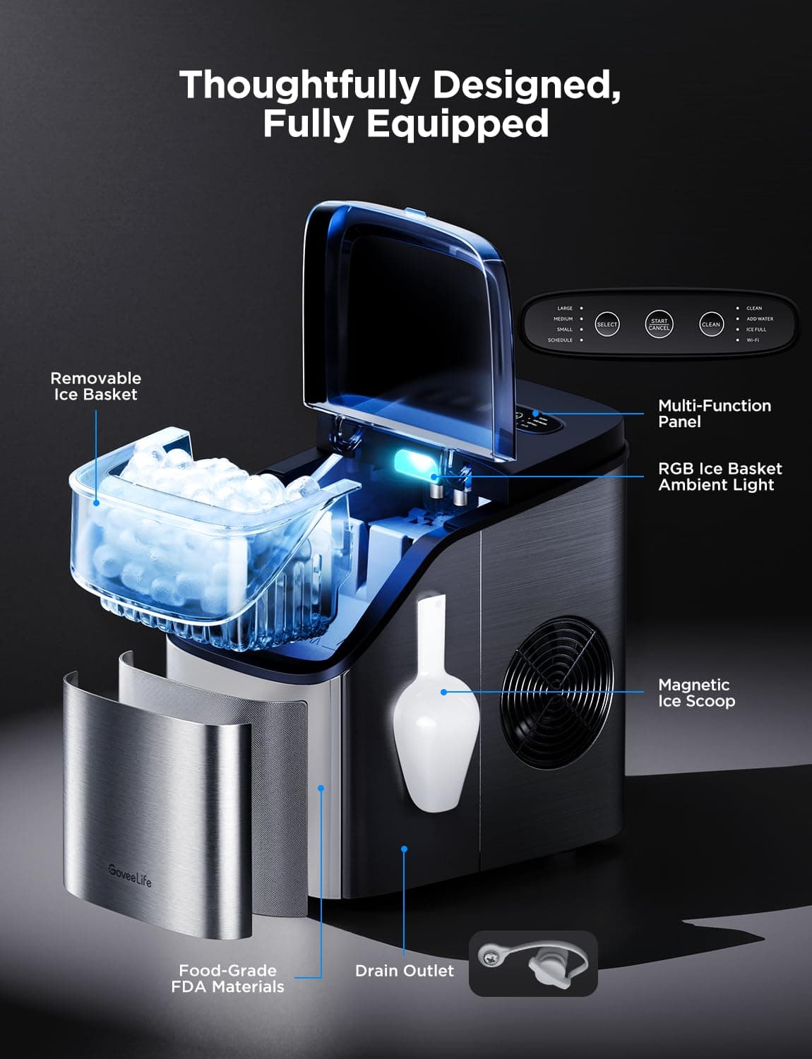 GoveeLife Smart Ice Maker Countertop, Portable Ice Machine with Voice Control, 9 Ice Cubes in 6 Minutes 3 Sizes, 26lbs/24Hrs, Self Cleaning RGB Lights, Quiet Ice Maker with Scoop for Kitchen Silver - Image 10