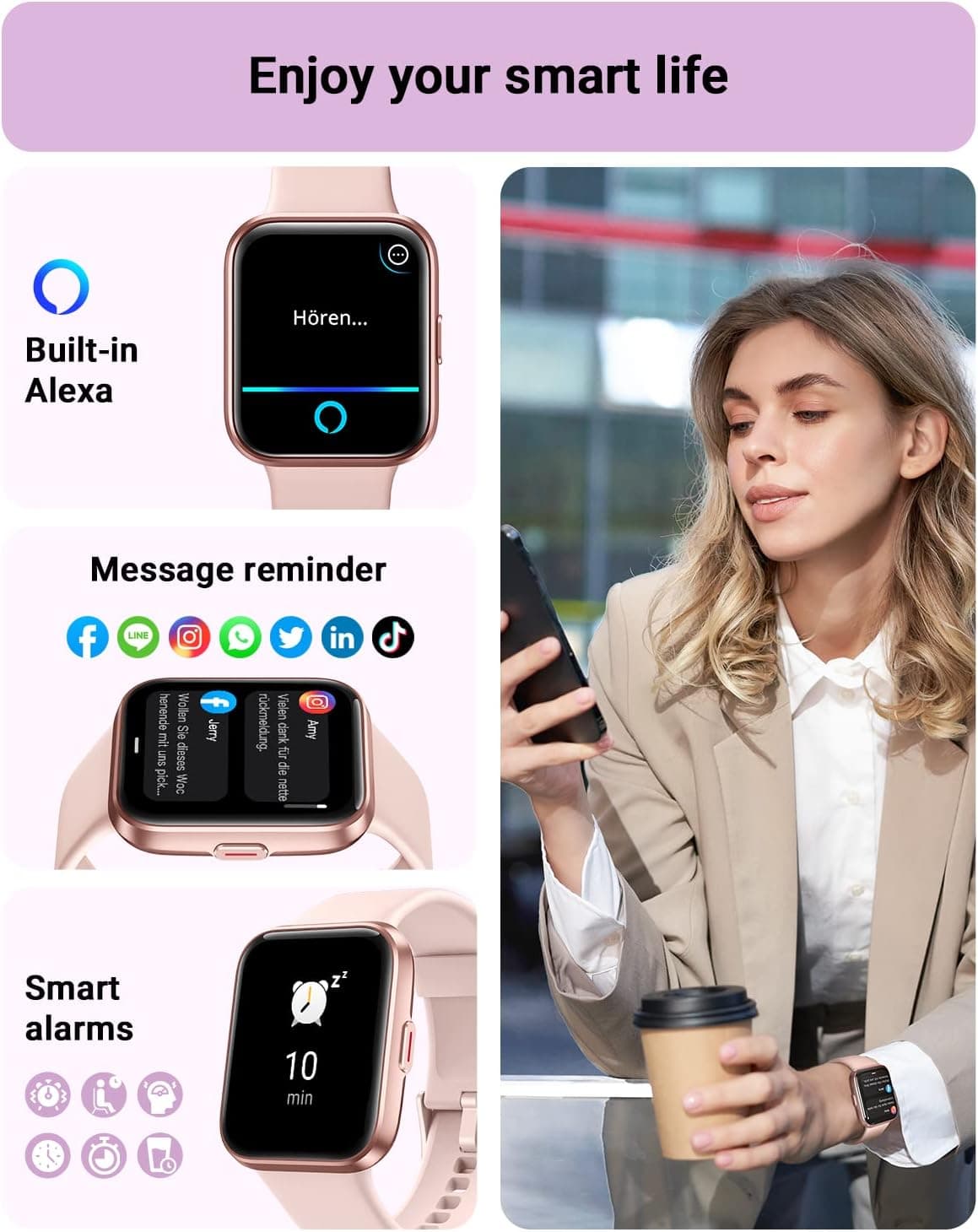 Smart Watch for Women Android & iPhone, Alexa Built-in, 1.8" Touch Screen Fitness Tracker with Answer/Make Calls, IP68 Waterproof Heart Rate/Sleep/SpO2 Monitor, Pedometer, 100+ Sport Modes Pink 1.8 - Image 4