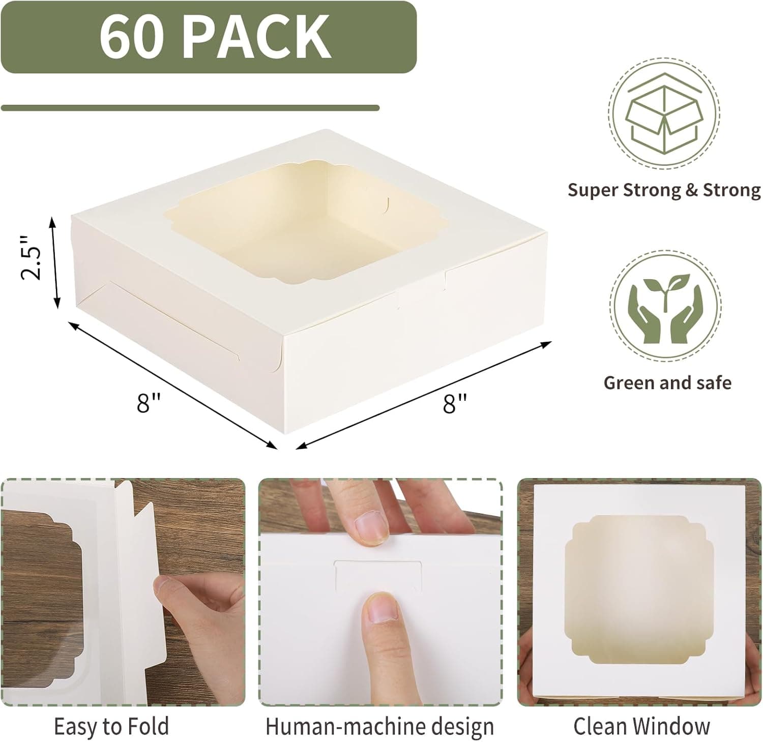 TOMNK 60pcs Cookie Boxes, 8x8x2.5 Inches Bakery Boxes with 2 Style Windows for Chocolate Strawberries, Pie, Pastry, Dessert, Cake - Image 3