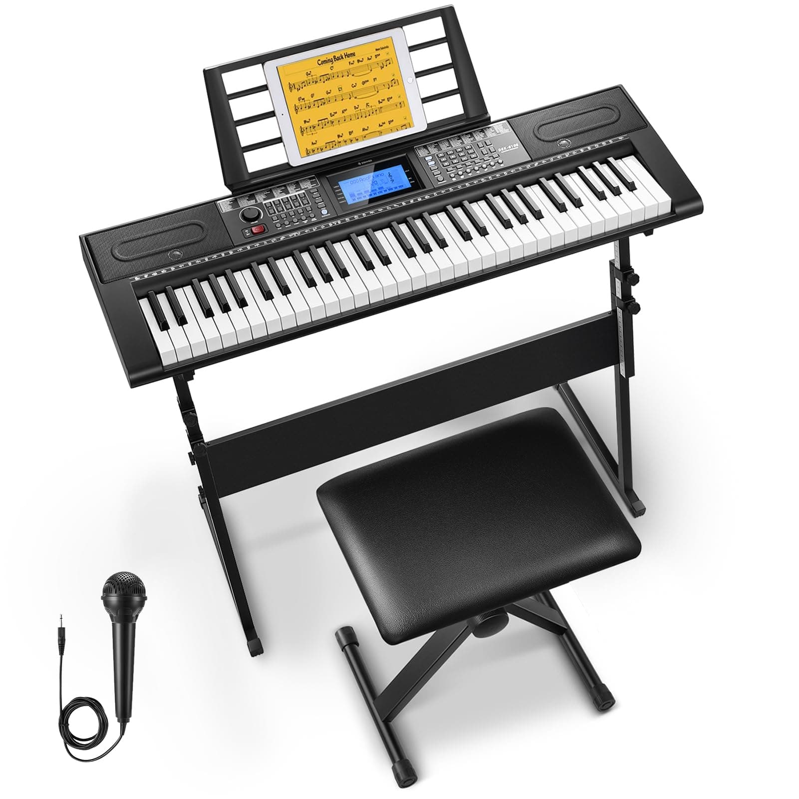 Donner Piano Eléctrico de 61 Teclas, Kit de Teclado con 249 Voces, 249 Ritmos - Incluye Soporte para Piano, Banqueta, Micrófono, Regalo para Principiantes, Negro (DEK-610S) Kit Completo Negro