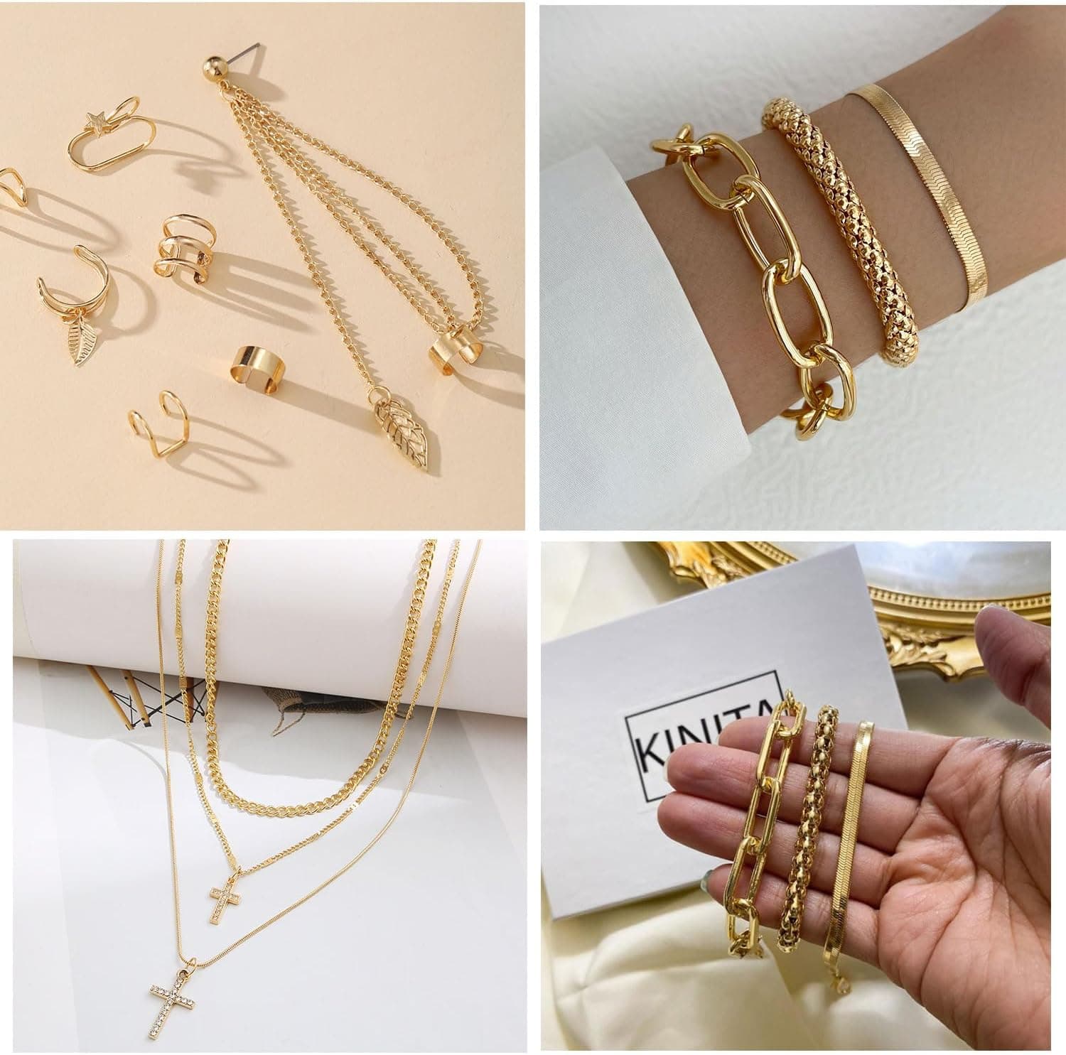 73 Pcs Gold Jewelry Set with 6Pcs Layered Necklace, 11 Pcs anklet and 7Pcs Earring Ear Cuff,12Hoop Earrings ,15pcs Rings,21pcs stud earrings Jewerly set for Women Pack for Friendship Party Gift AA-gold - Image 6