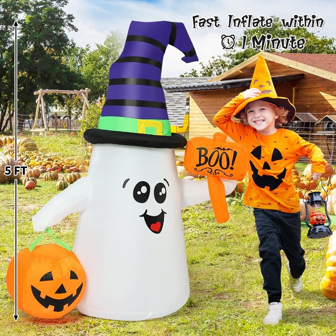 GOOSH 5 FT Halloween Inflatables Ghost Outdoor Decorations Blow Up Yard Cute Wizard Ghost with Pumpkin with Built-in LEDs for Garden Lawn Indoor Party Holiday Decor - Image 6
