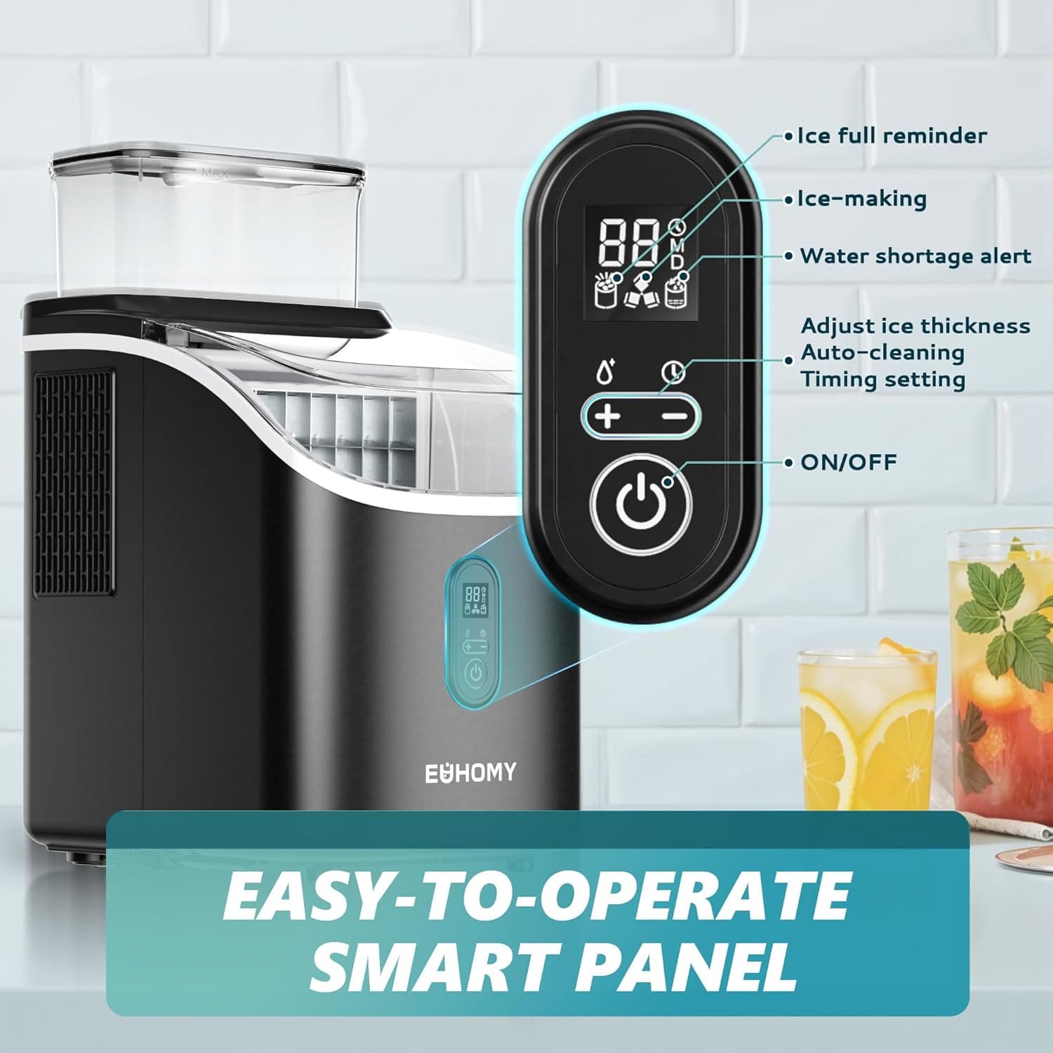 EUHOMY Ice Cube Maker Machine Countertop with External Water Tank, 2 Ways to Add Water, 34Lbs/Day, 16Pcs Ready in 7 Mins, Auto-Cleaning, with Ice Scoop & Basket, for Home/Kitchen/Office/Bar (Black) 34lbs Black - Image 6