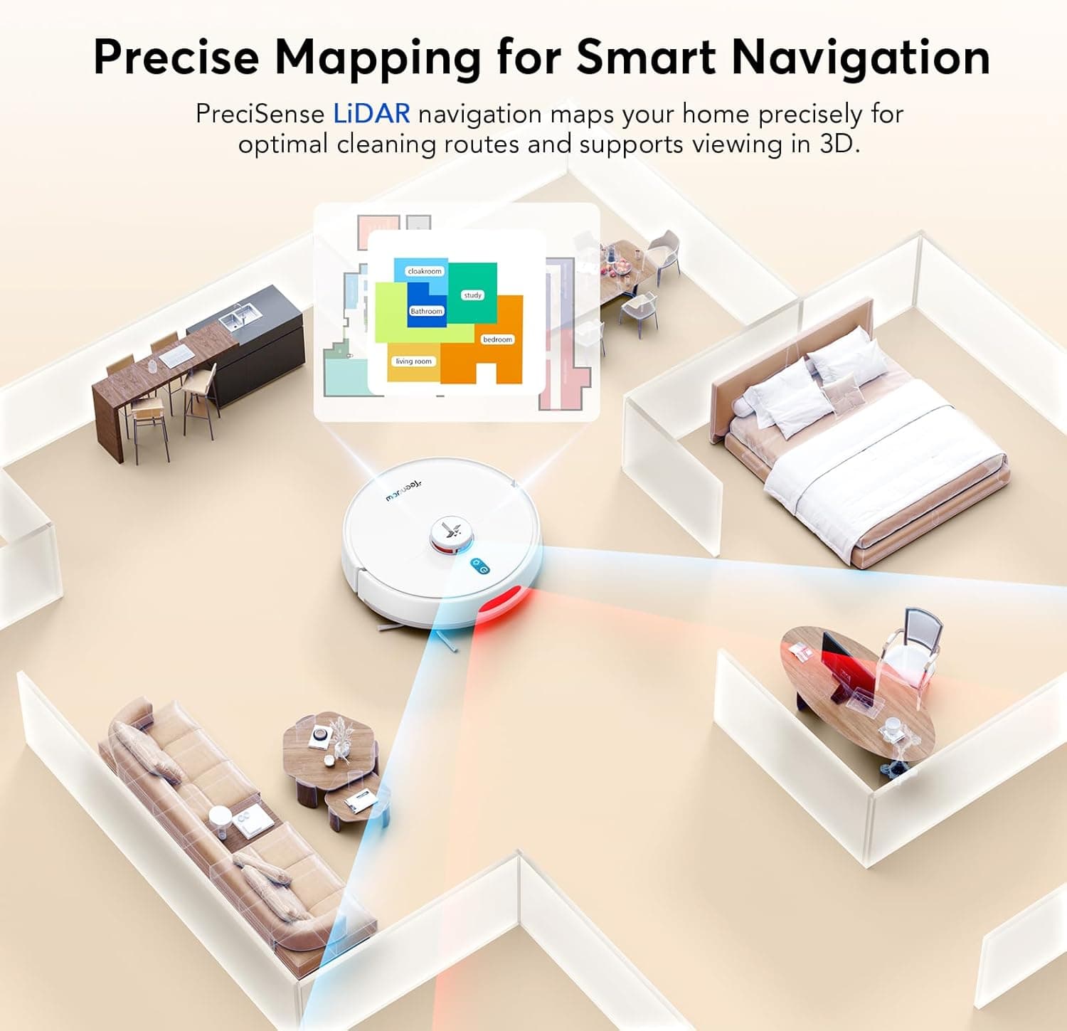 Teendow D20S Max+ Robot Vacuum and Mop, 8000Pa Suction for Pet Hair, with Self-Emptying Dock and Pet Grooming Parts, 10 Weeks Hands-Free Cleaning, PreciSense LiDAR Navigation, App & Voice Control White - Image 7