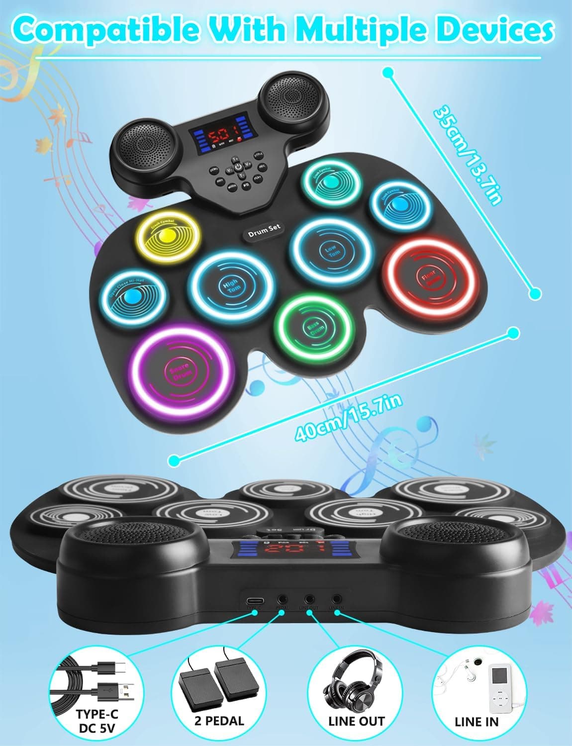 Electric Drum Set with 7-Color Dynamic LED Lights, 9-Pad Electronic Drum Set with Dual Speakers, Bluetooth MIDI, Portable Practice Drum Pad for Kids & Adult Beginners, Christmas Birthday Gift 7-Color LED Light - Image 7