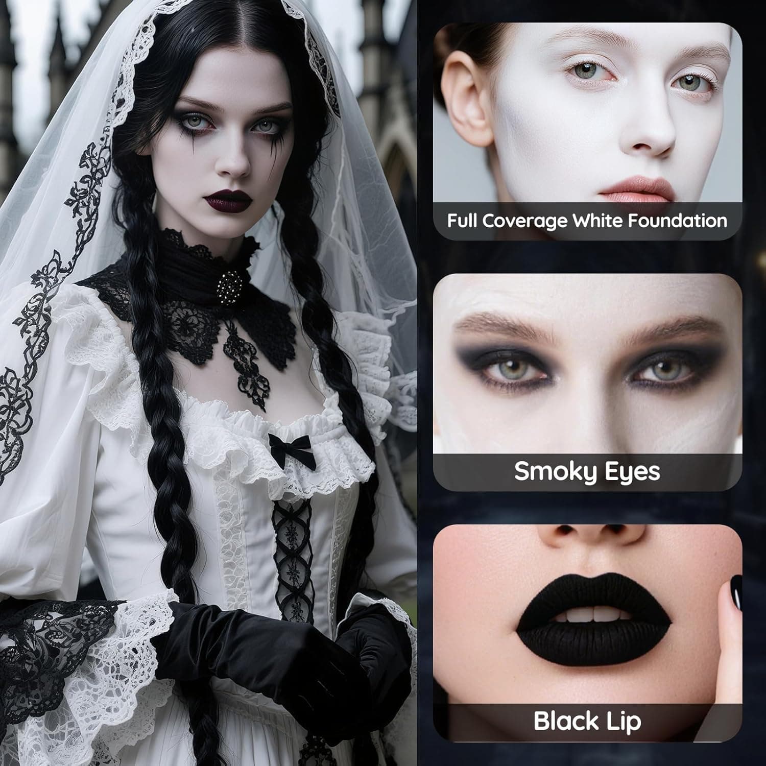 Halloween Goth SFX Makeup Kit, Complete Gothic Makeup Set Include White Liquid Foundation, Eyeliner, Setting Powder, Eyeshadow & Black Lipstick for Halloween Cosplay, Carnival, Theater - Image 5