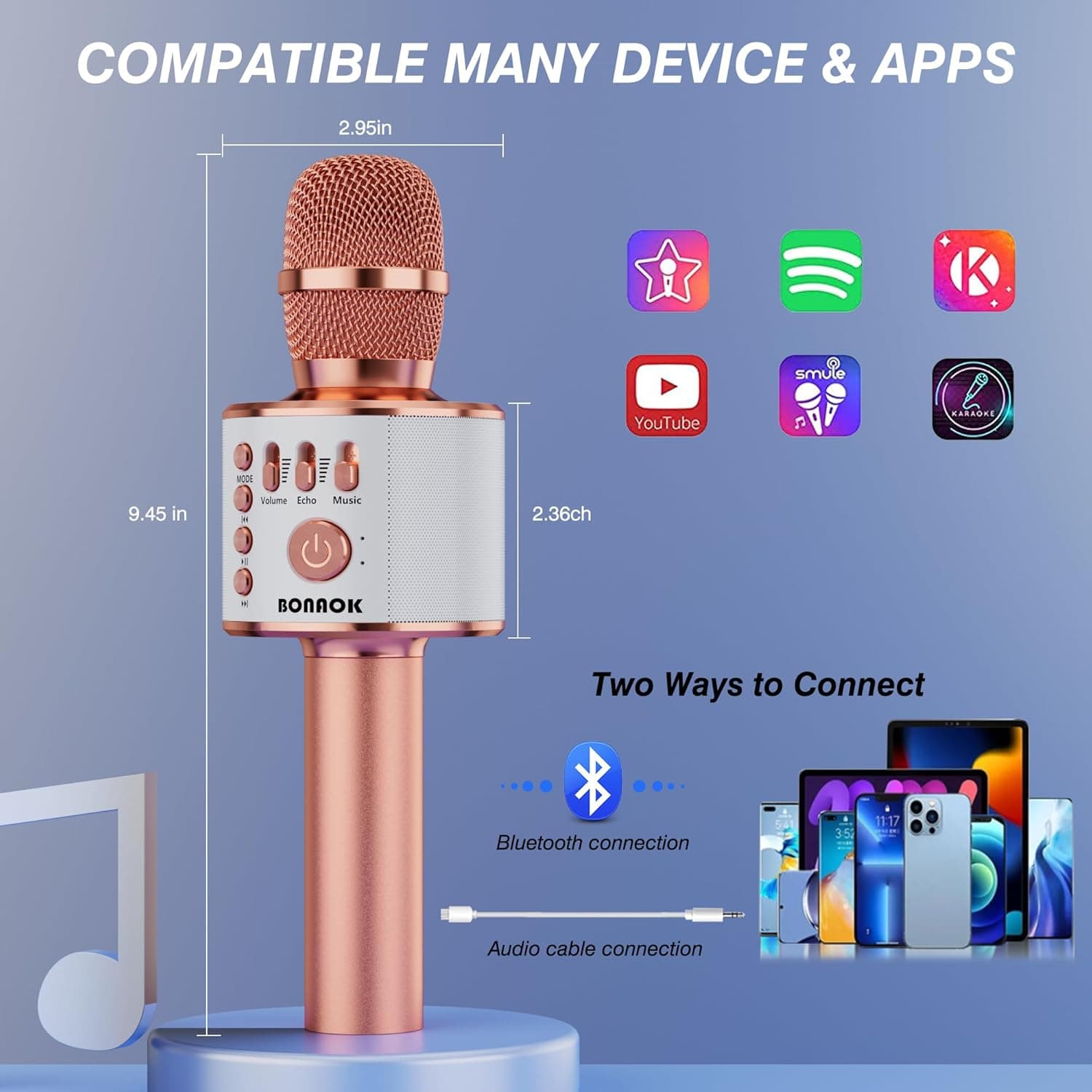 BONAOK Wireless Bluetooth Karaoke Microphone,3-in-1 Portable Handheld Karaoke Mic Speaker Machine Home Party Birthday for All Smartphones PC(Q37 Rose Gold) - Image 3