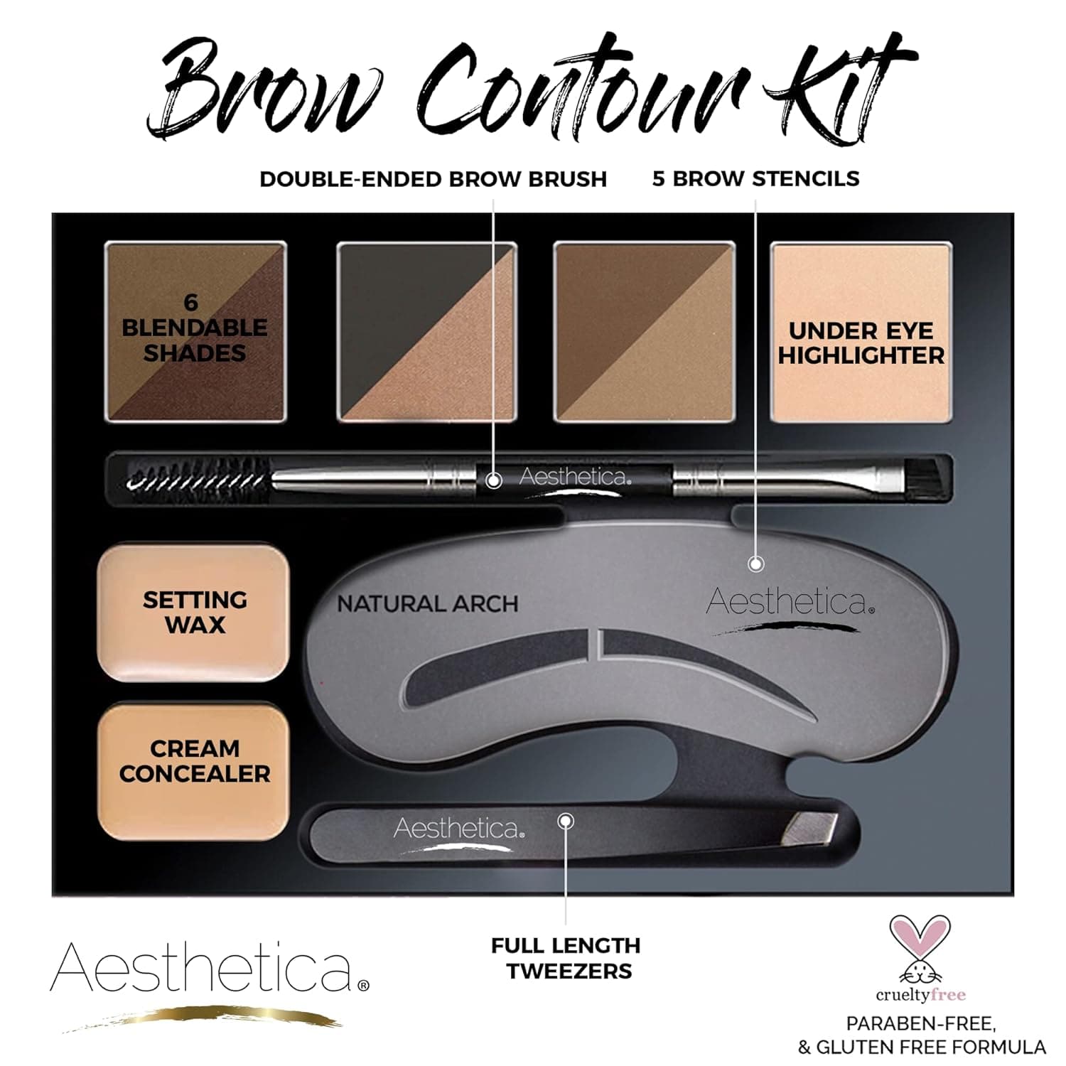 Aesthetica Brow Contour Kit 16-Piece Eyebrow Makeup Palette Set 6 Eyebrow Powders, 5 Eyebrow Stencils, Spoolie/Brush Duo, Tweezers, Eye Brow Wax, Highlighter - Unique Gifts For Women For Her Birthday - Image 3