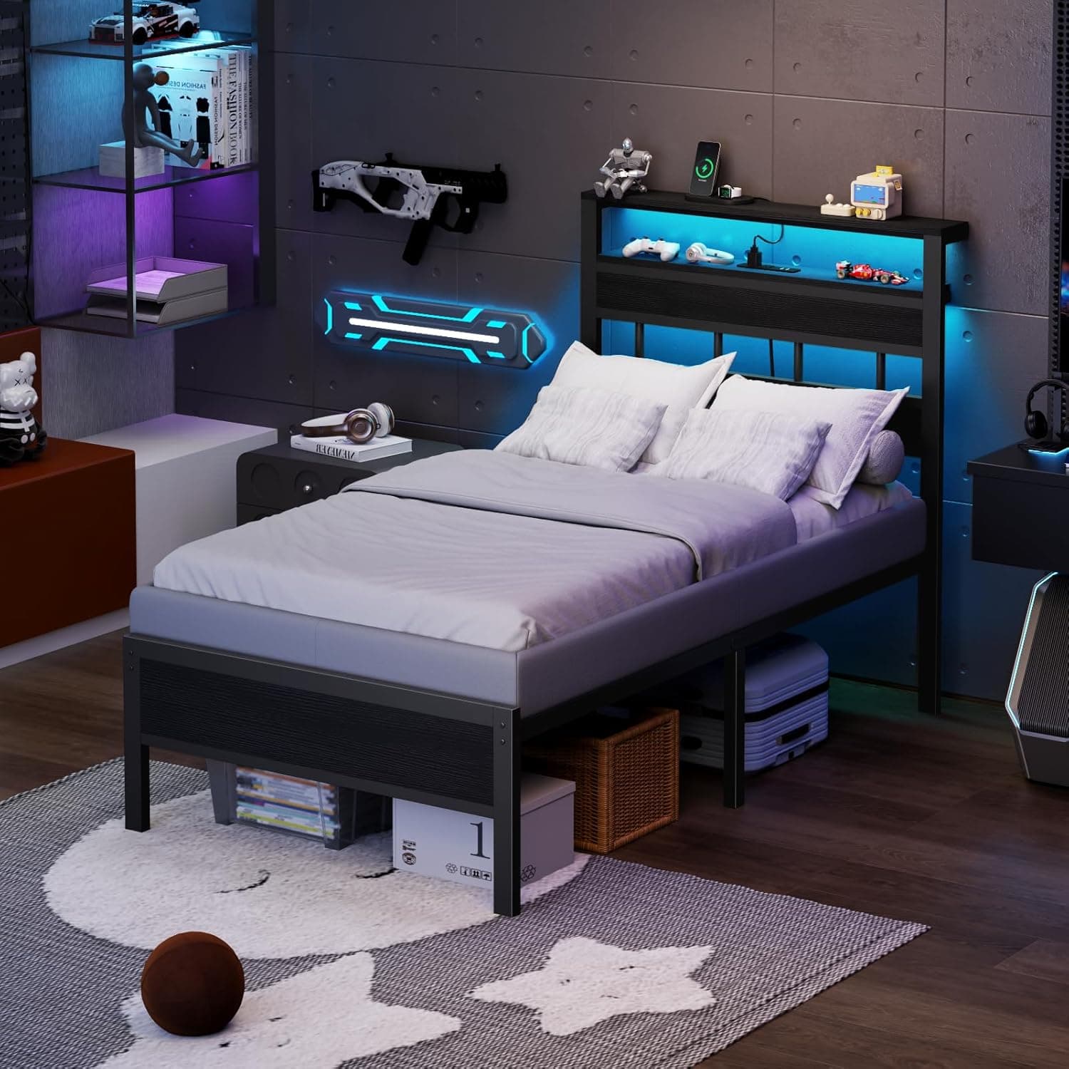 Furnulem Twin Bed Frames with Charging Station and LED Lights, Twin Size Platform Bed with Metal Slats, Wood Headboard with 2-Tier Storage Shelves, No Box Spring Needed, Black Oak Black Oak Twin - Image 5