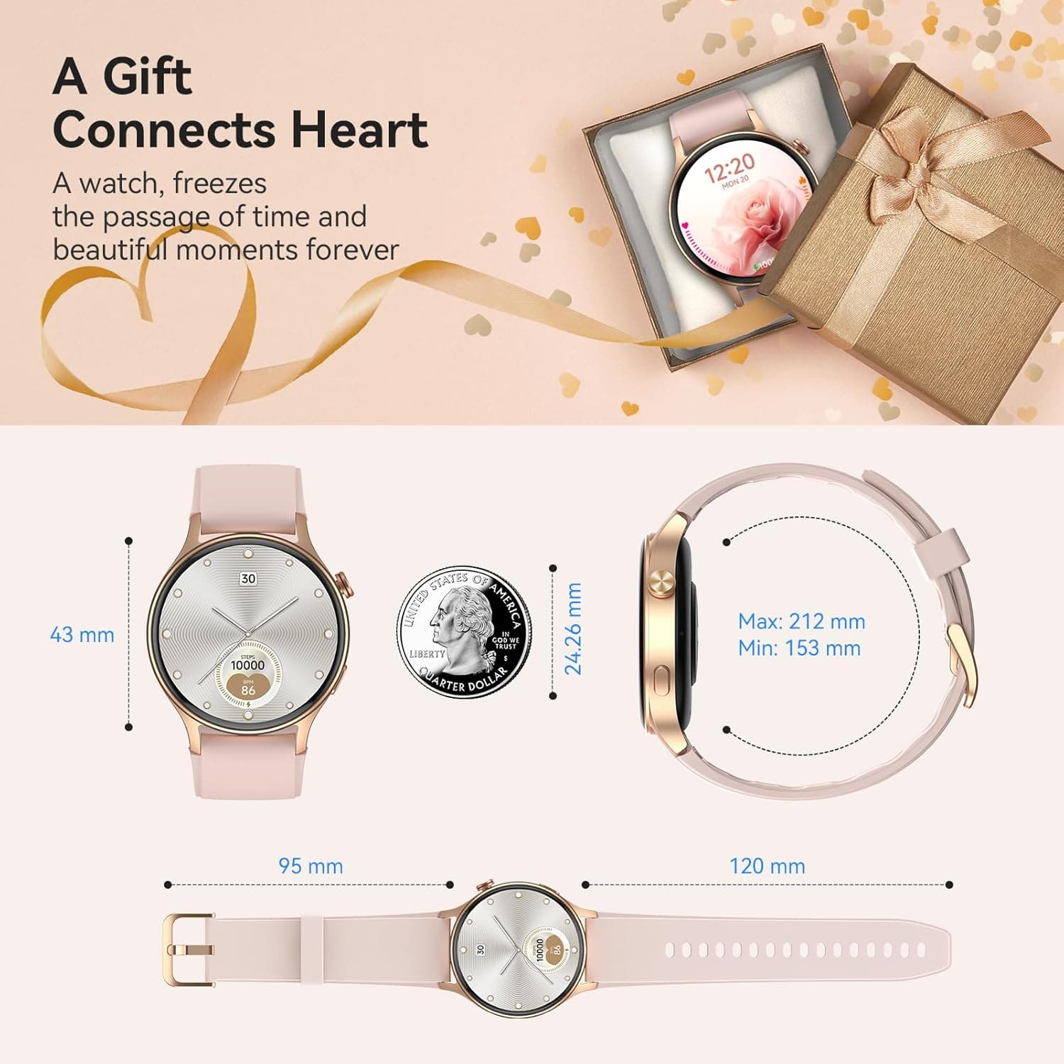 Smart Watch for Women, Answer/Make Call, 1.32'' AMOLED Ultra-Clear Screen Fitness Trackers with Heart Rate/Sleep/SpO2 Monitor, Smartwatch for iPhone/Samsung/Android, 110+ Sport Modes, 3ATM Waterproof Rose Gold Rose Gold S/M/L - Image 7