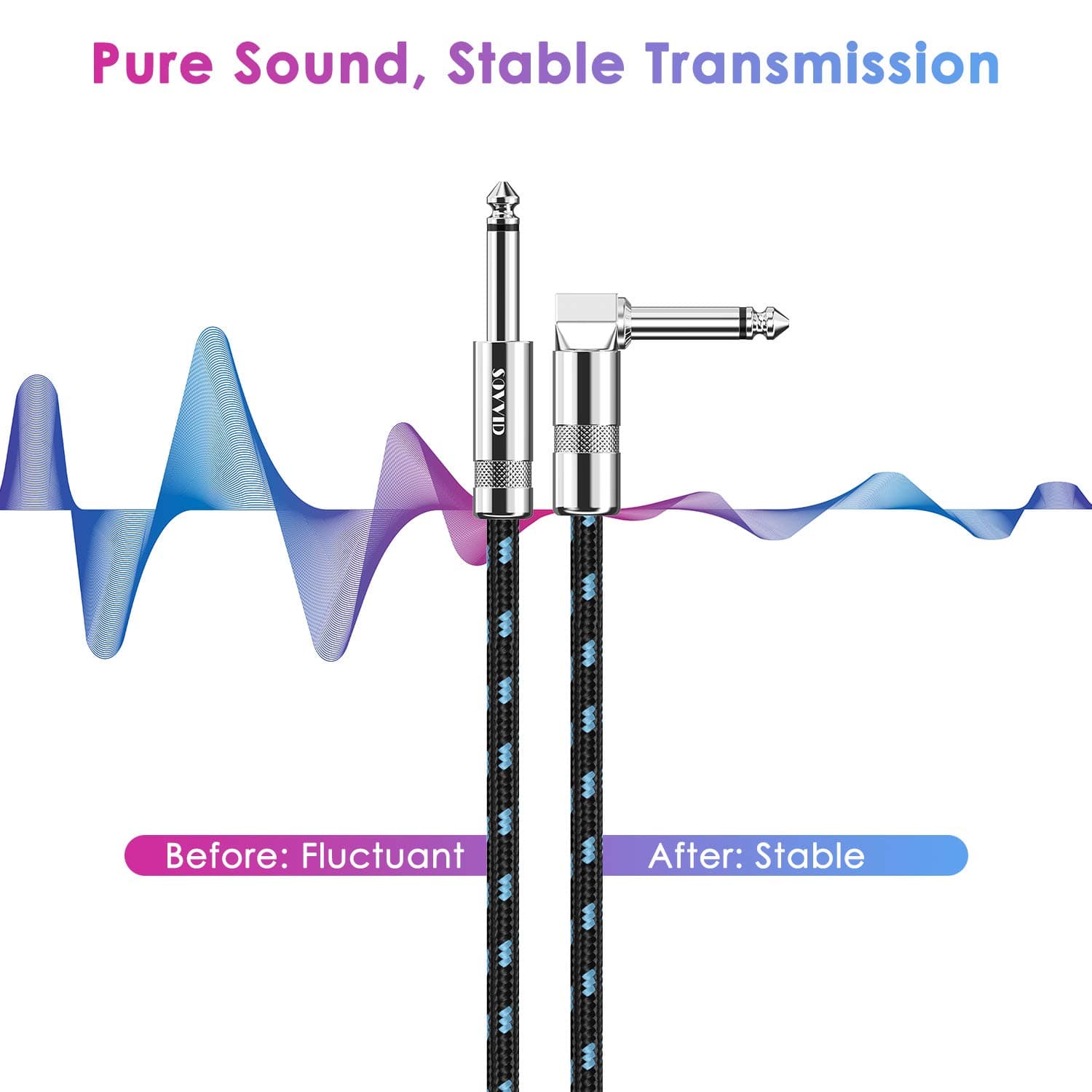 10FT 2 Pack Instrument Cable - Electric & Bass Guitar, Keyboard, AMP Cord - 1/4 Inch Right Angle Black & Blue 10 FT 2 Pack-Right Angle Black Blue - Image 6