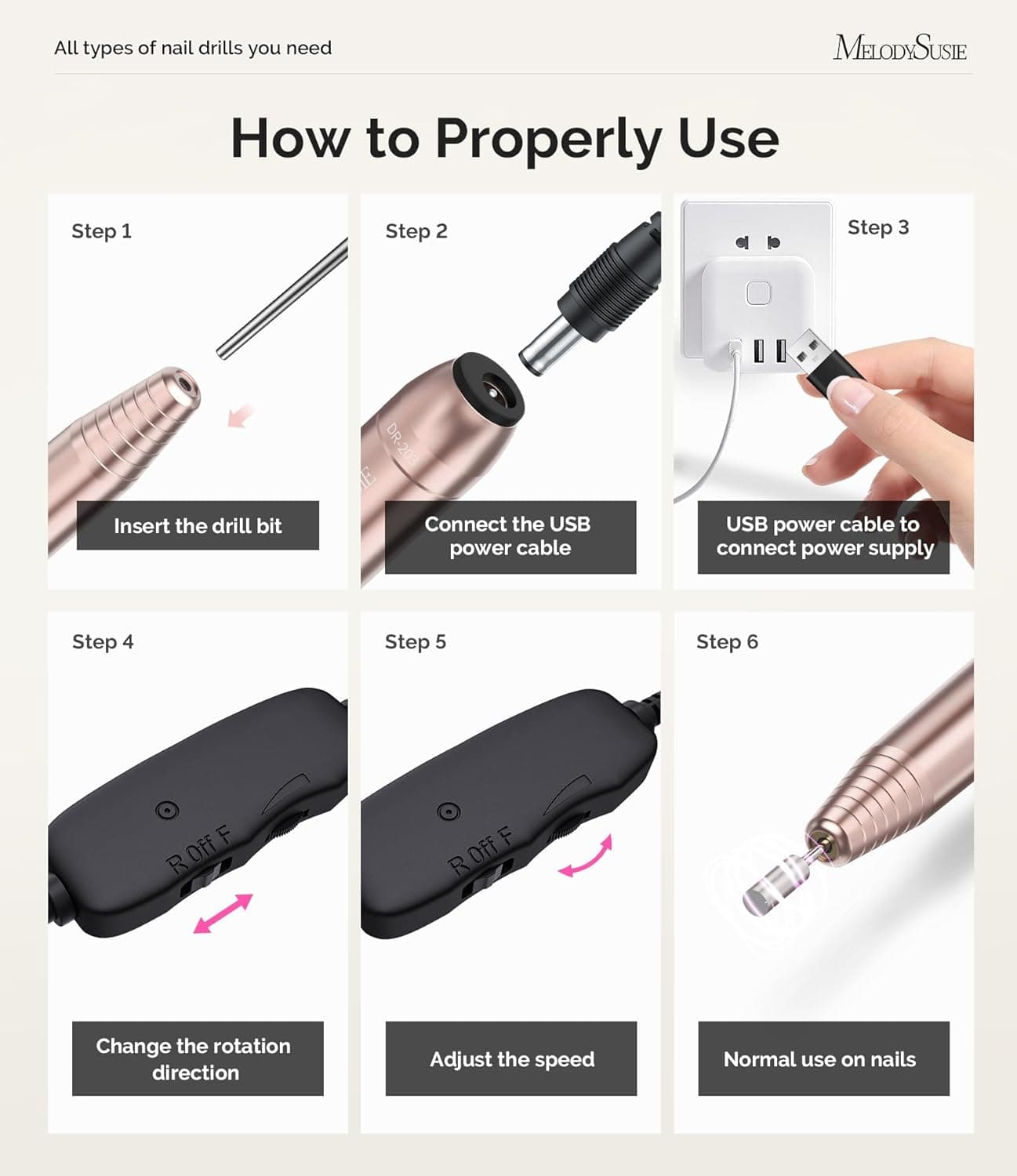 MelodySusie Pen-Shaped Portable USB Nail Drill, PC120I 20000RPM Electric Nail File with Compact Design for All Nail Care, Manicure Polishing, Shaping & Gel Removal at Home for Beginners A-gold - Image 6