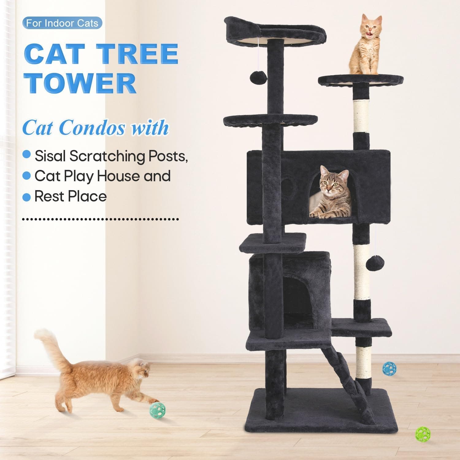 FDW | 54" Cat Tree Tower | Dark Gray | Multi-Level Indoor Activity Center with Sisal Scratching Posts, Condos, Plush Perches, Hanging Cat Toys | Sturdy, Easy to Assemble | for Kittens & Adult Cats Dark Gray 54in - Image 3
