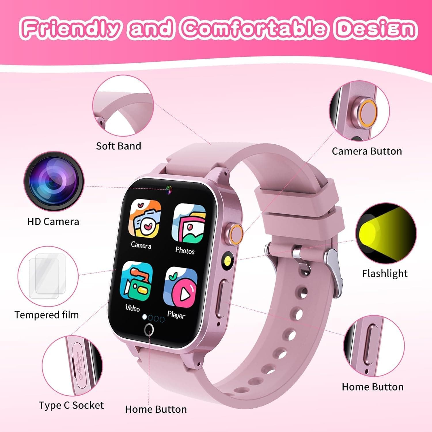 Kids Smart Watch Gift for Girls Age 5-12, 39 Games HD Touch Screen Watches with Video Camera Music Player Pedometer Flashlight 12/24 hr Educational Toys Birthday Gifts for Girls Ages 7 8 9 10 Pink - Image 7
