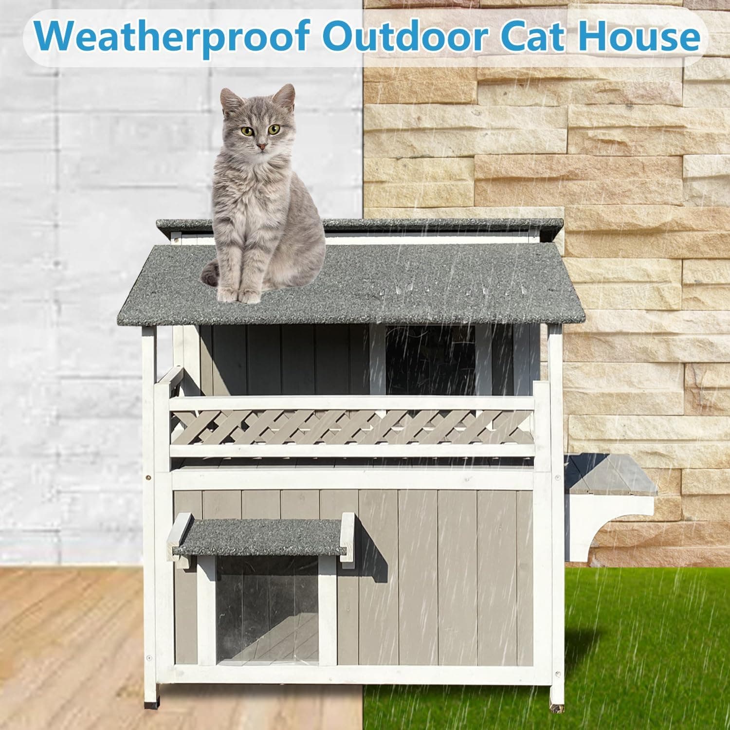 Feral Cat Shelter Outdoor Weatherproof Houses for Cats Two Story Wooden Cat House Outside Feral Cat House with Balcony Waterproof, Escape Doors Greywhite - Image 8