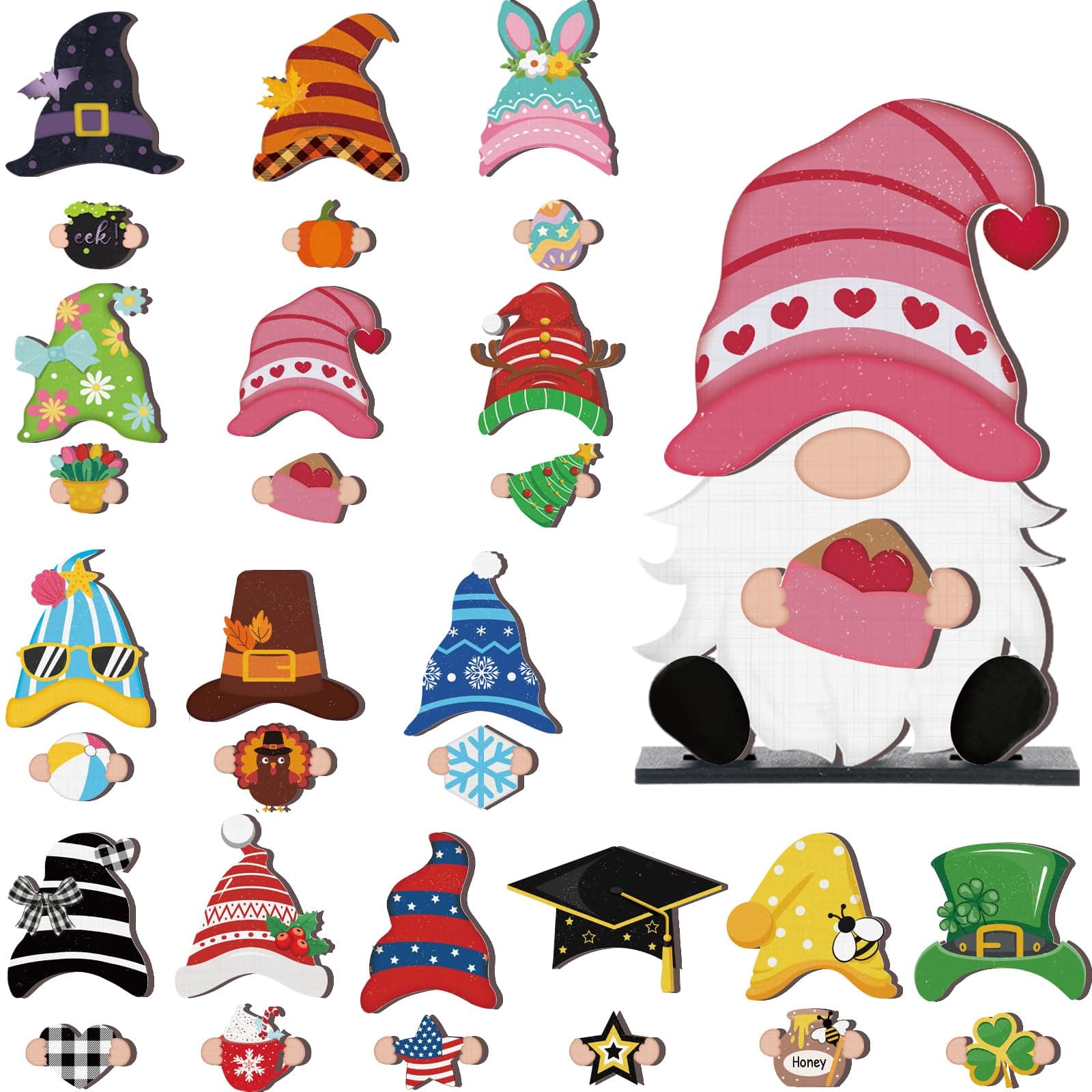 Blulu 32 Pcs Interchangeable Wooden Gnome Decor Valentines St. Patrick's Day Easter Holiday Seasonal Tiered Tray Decor Gnomes with Magnet Pieces Welcome Sign for Holiday Decorations (Cute) 32 Cute