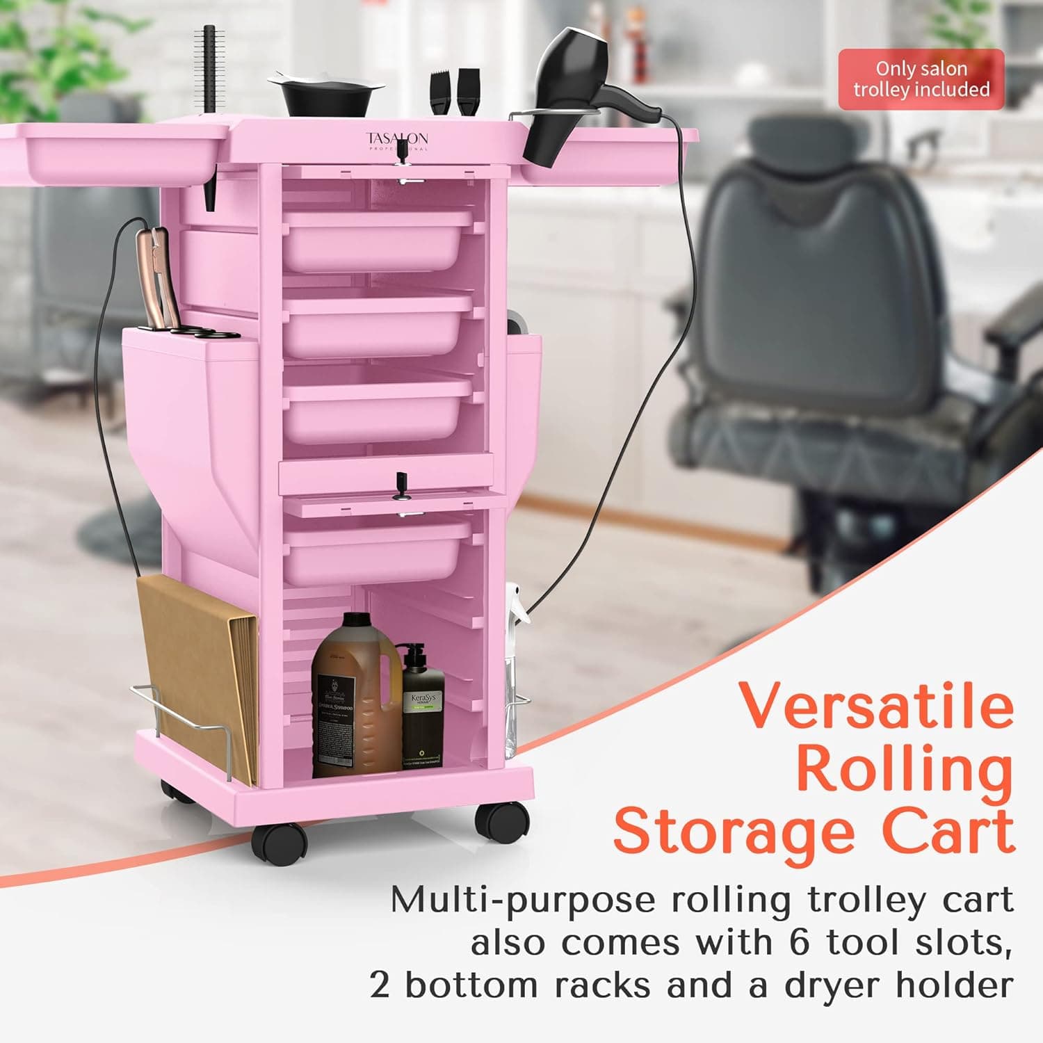 TASALON Professional Salon Trolley Cart, Lockable 6 Trays & 2 Holders, Space Saving Mobile Storage for Hair Salon and Beauty Station​ - Pink - Image 4
