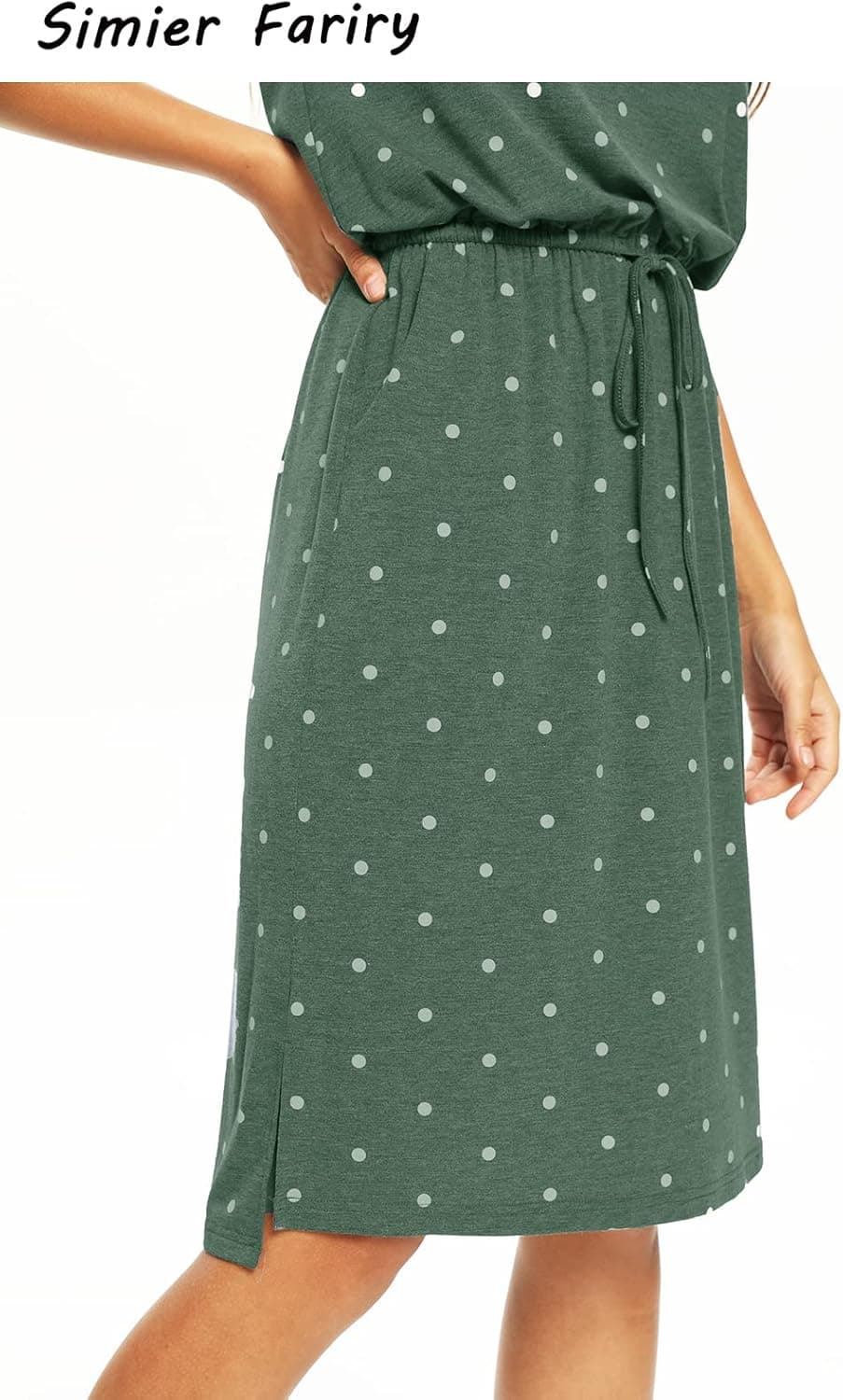 Simier Fariry Womens Summer Hide Belly Knee Length Travel Dress Pocket 2025 Short Sleeve Midi Work Casual Teacher Outfit B-pd-green Large - Image 3