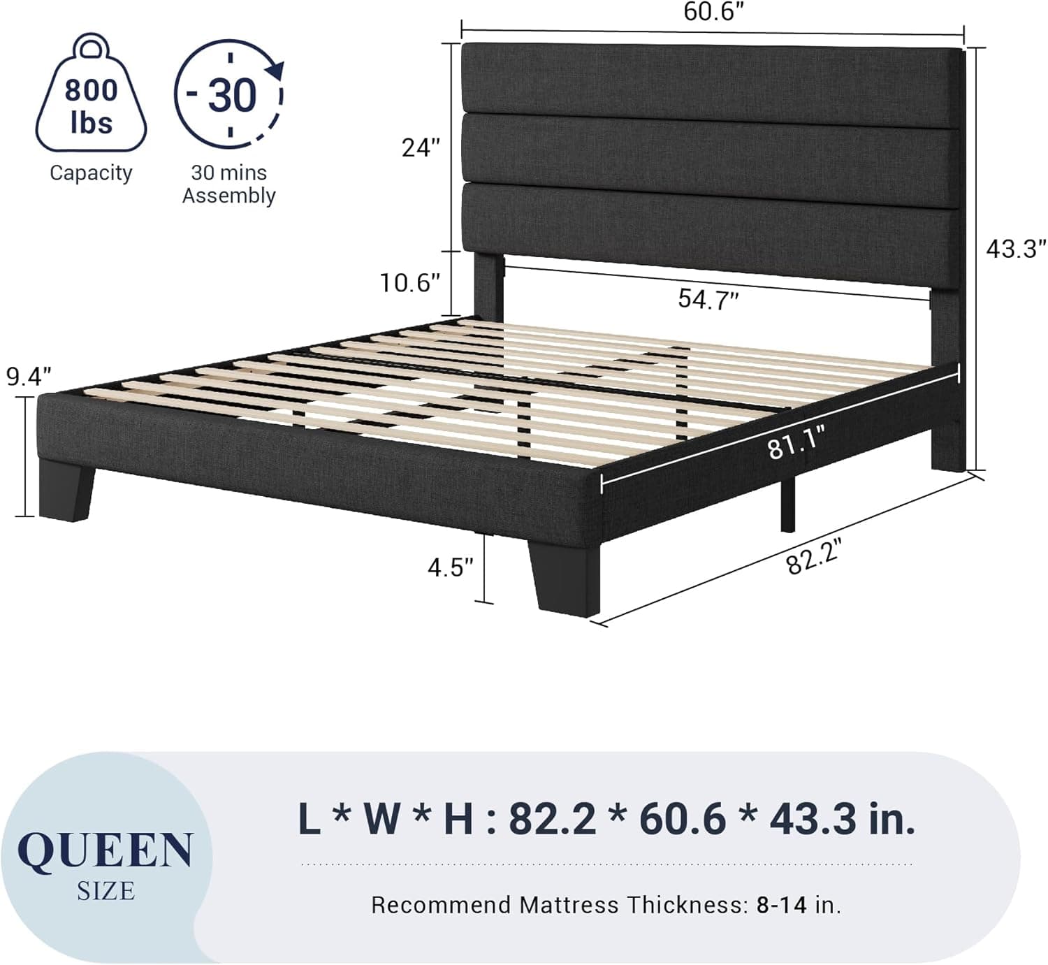 Allewie Queen Size Platform Bed Frame with Fabric Upholstered Headboard and Wooden Slats Support, Fully Upholstered Mattress Foundation/No Box Spring Needed/Easy Assembly, Dark Grey Dark Grey Queen - Image 3