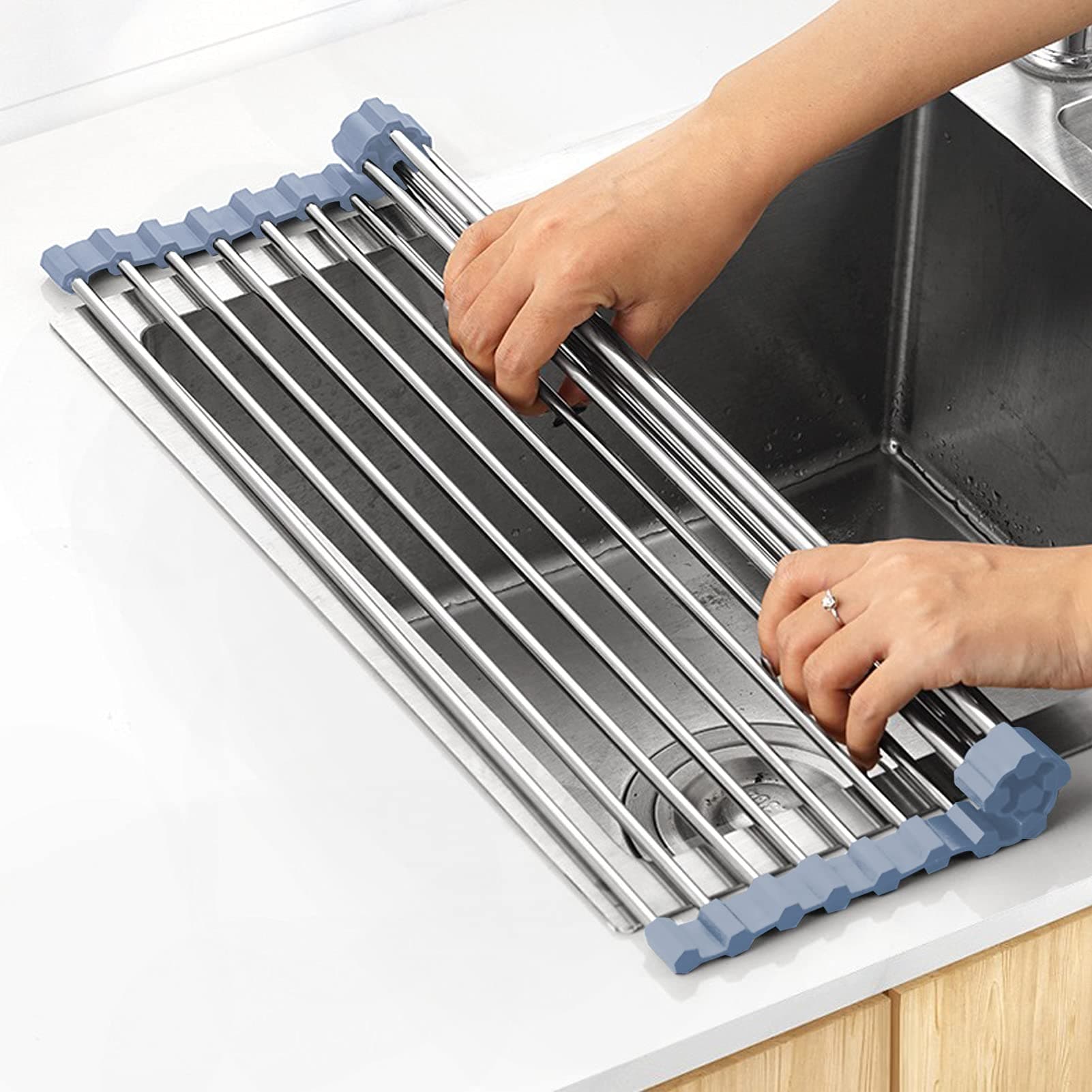 MECHEER Over The Sink Dish Drying Rack, Roll Up Dish Drying Rack Kitchen Dish Rack Stainless Steel Sink Drying Rack, Foldable Dish Drainer, Gray 17.5''x11.8''
