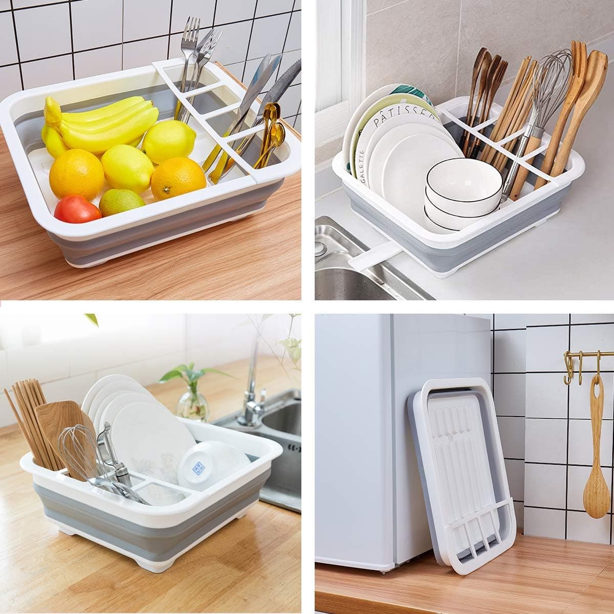 Collapsible Dish Drying Rack Portable Dinnerware Drainer Organizer for Kitchen RV Campers Travel Trailer Space Saving Kitchen Storage Tray Gray/White - Image 3